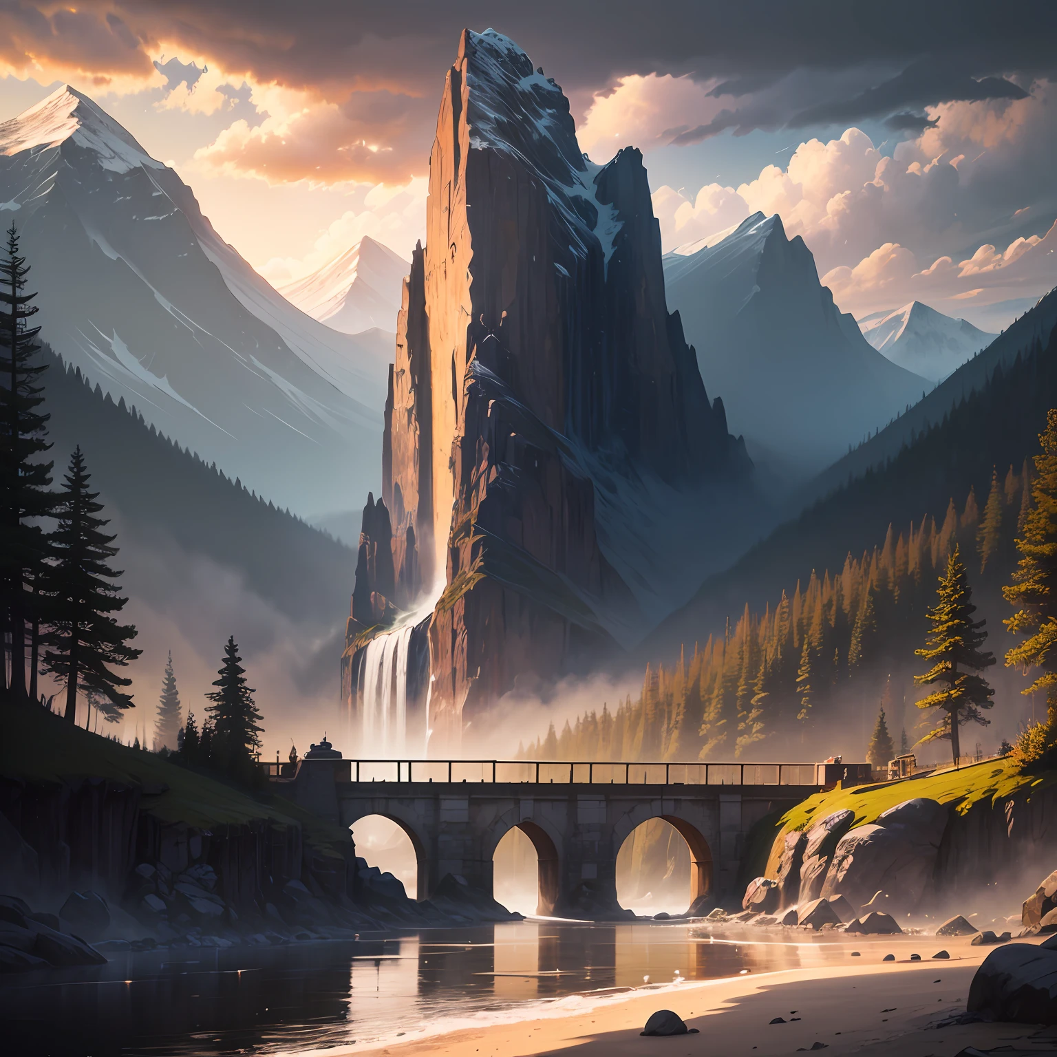a painting of a waterfall and a bridge, with mountains in the background, in the style of 2d game art, golden light, monochrome landscapes, cabincore, sublime wilderness, atmospheric clouds, 8k resolution --ar 3:2 --auto