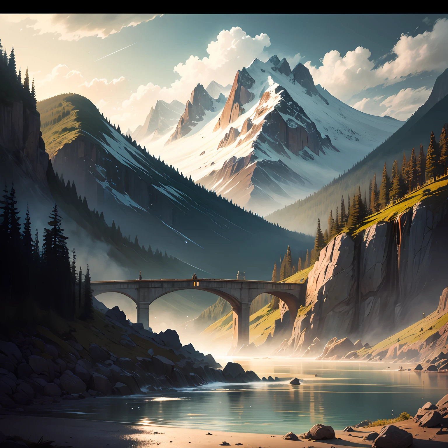 a painting of a waterfall and a bridge, with mountains in the background, in the style of 2d game art, golden light, monochrome landscapes, cabincore, sublime wilderness, atmospheric clouds, 8k resolution --ar 3:2 --auto