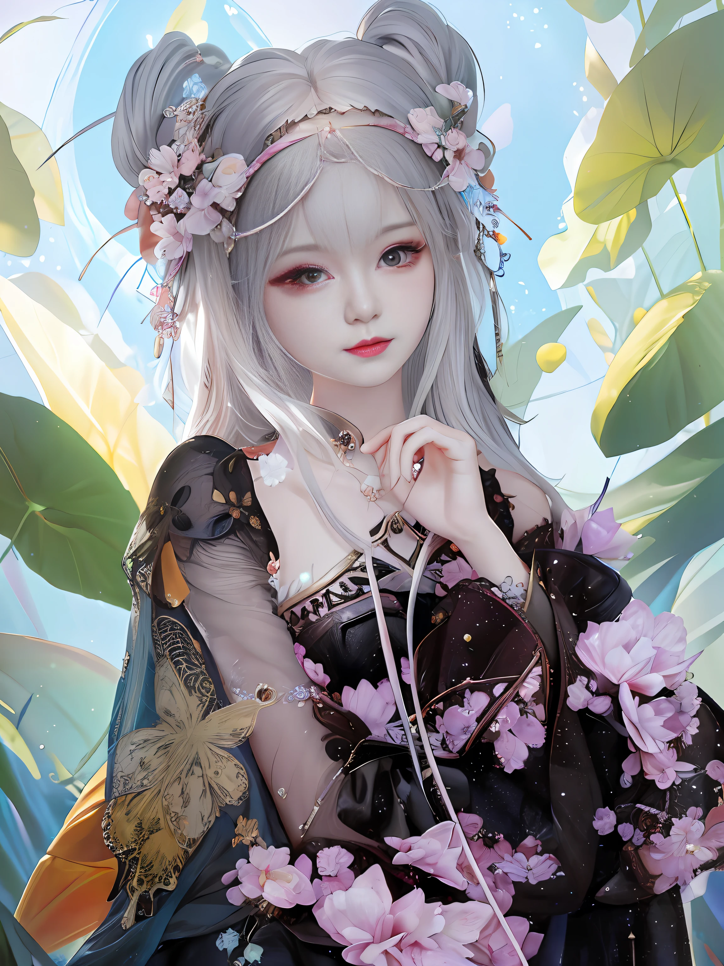 there is a girl with a flower crown and a butterfly headpiece, artwork in the style of guweiz, Guwiz, 8k high quality detailed art,