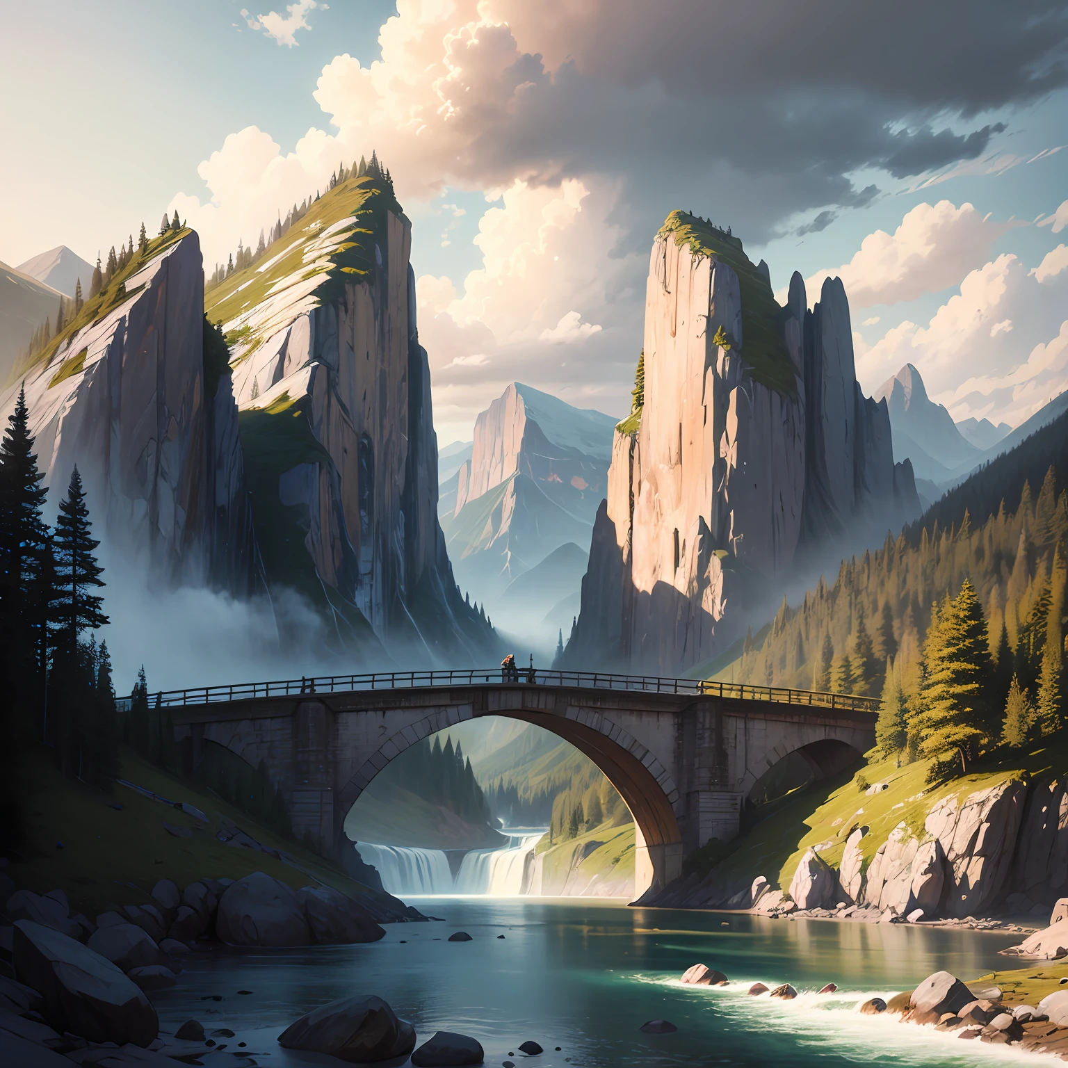 a painting of a waterfall and a bridge, with mountains in the background, in the style of 2d game art, golden light, monochrome landscapes, cabincore, sublime wilderness, atmospheric clouds, 8k resolution --ar 3:2 --auto