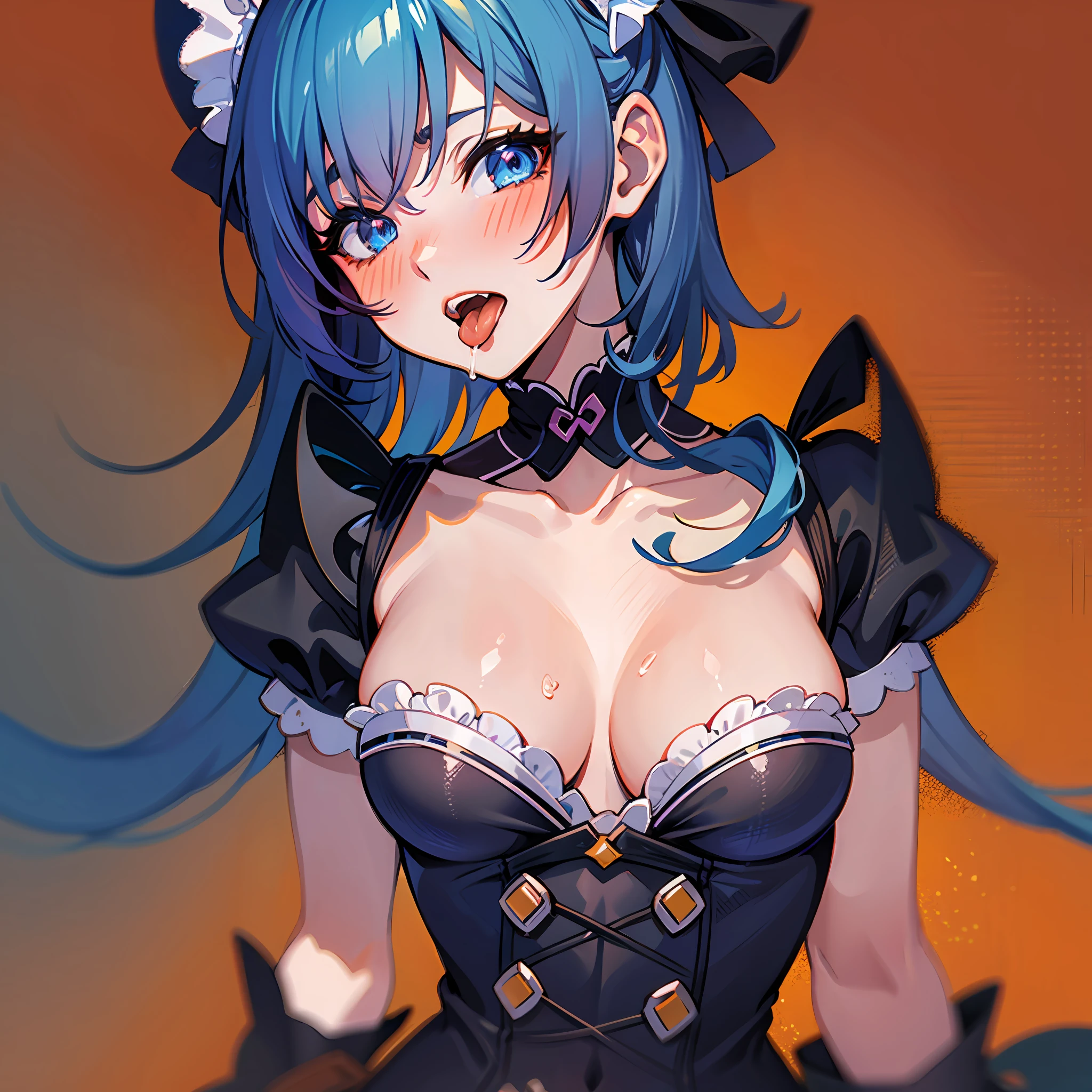 an anime girl with blue hair sticking out her tongue while making a face, 1girl, Tongue，, blue eyes, blush, Open Mouth, viewing viewer, orange background, black color hair, saliva，，, maid, Small breasts
yes, solo, tongue out, Collarbone，, cleavage