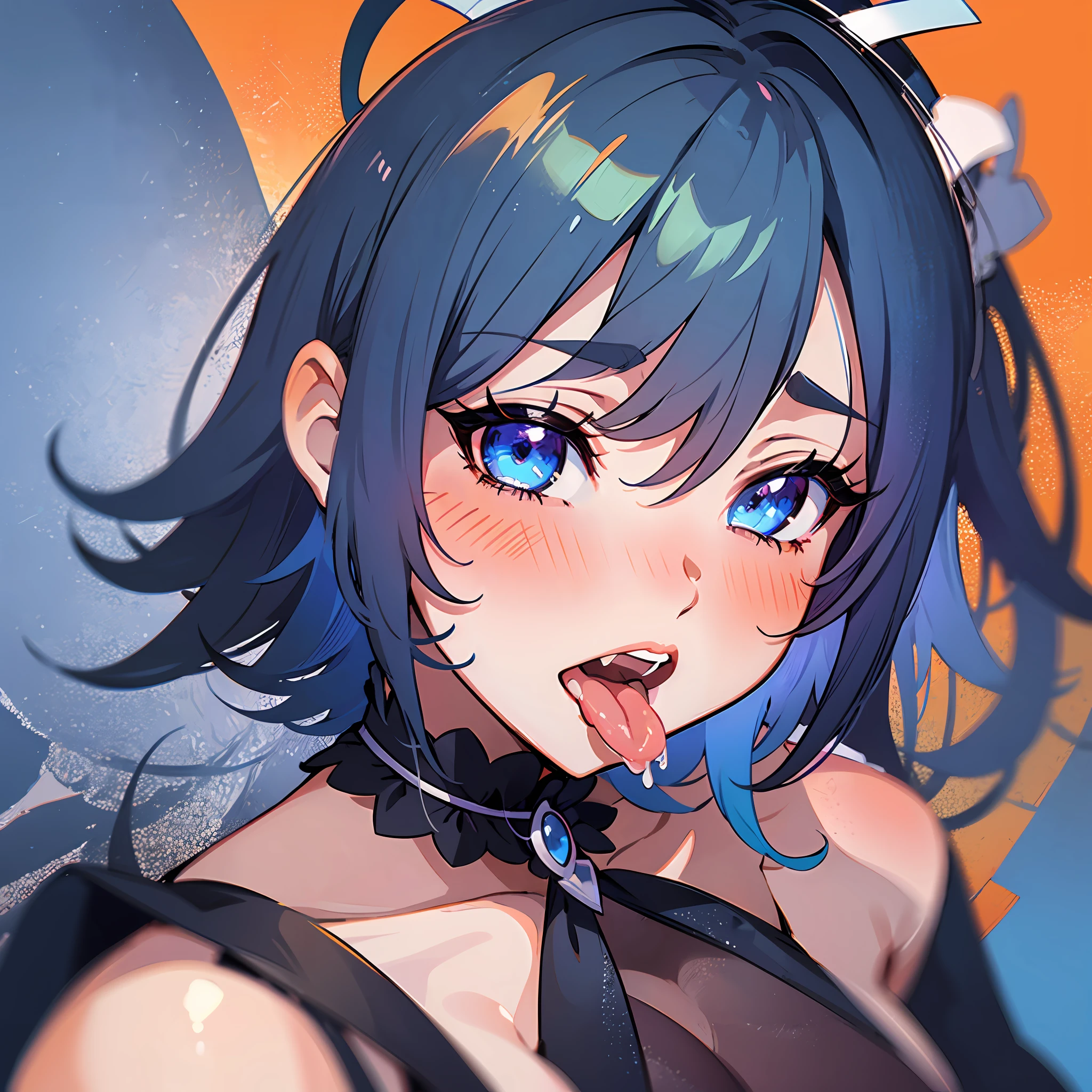 an anime girl with blue hair sticking out her tongue while making a face, 1girl, Tongue,, blue eyes, blush, Open Mouth, viewing viewer, orange background, black color hair, saliva,,, maid, Small breasts
yes, solo, tongue out, Collarbone,, cleavage