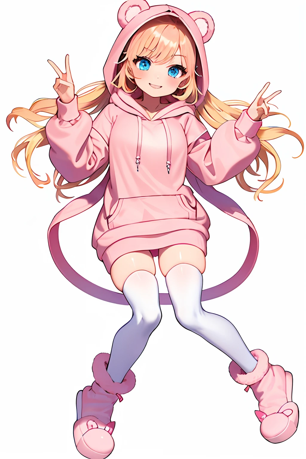 vtubermodel of 1girl , long blonde hair, blue eyes , big thighs, fluffy bear ears , hood up,(light pink hoodie:1.3), long hoodie, white thighhighs, strawberry pattern hoodie, slippers, slides, high quality , extra detailed , rendered, (white background:1.3), full body, smiling