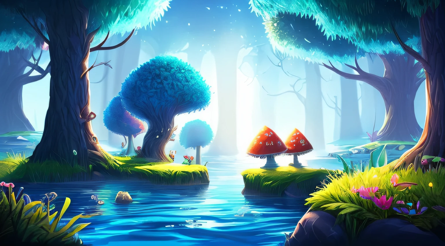 spiritual tree, twilight ray, blonde light, star lit sky, forest with water and rock and bright mushroom, (Ori and the Blind Forest), (Ori and the Will of the Wisps), 2D game, Digital art of, realistic scale, sharp focus, (HDR), (8k), (gigapixel), ((master masterpiece,)) --auto