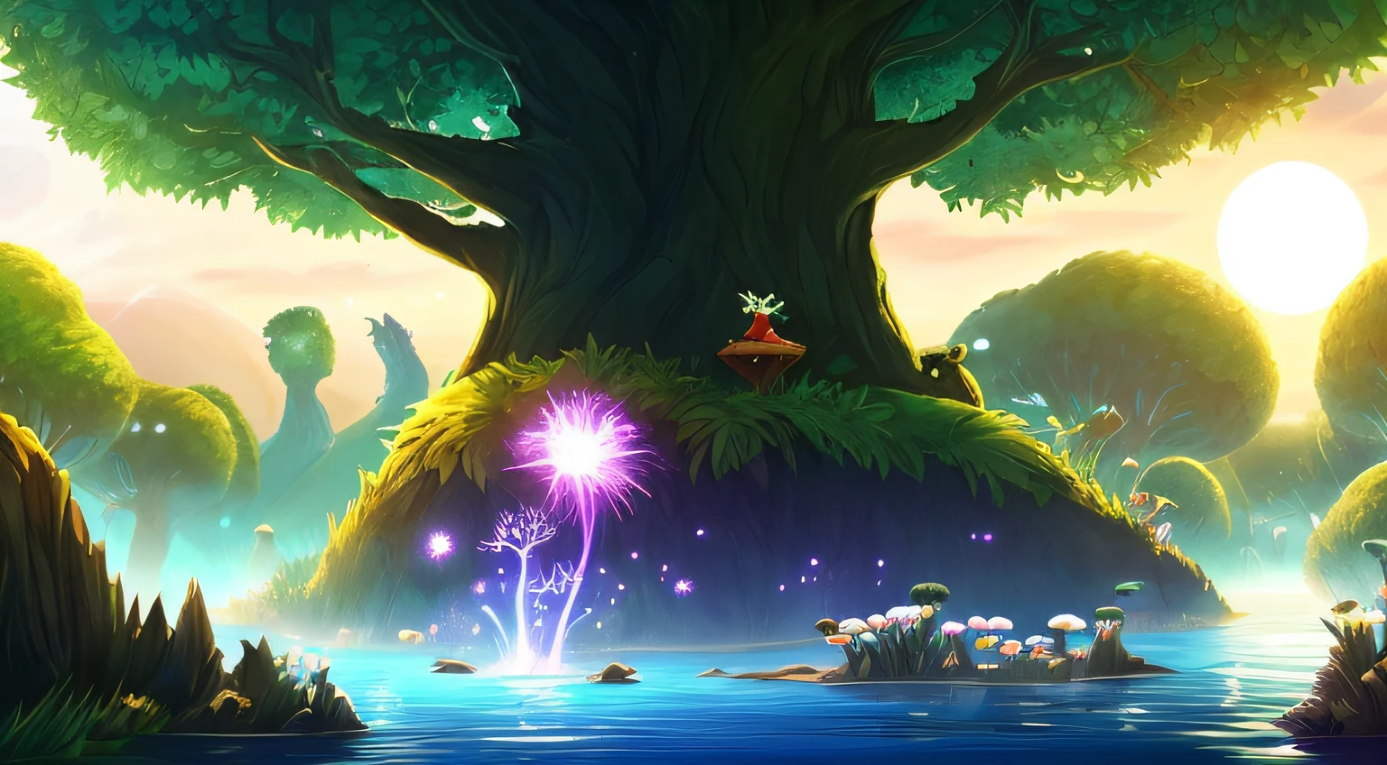 spiritual tree, twilight ray, blonde light, star lit sky, forest with water and rock and bright mushroom, (Ori and the Blind Forest), (Ori and the Will of the Wisps), 2D game, Digital art of, realistic scale, sharp focus, (HDR), (8k), (gigapixel), ((master masterpiece，)) --auto