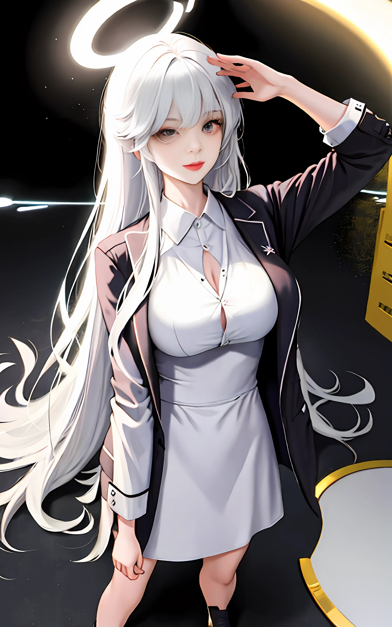 Full length shot, (full body shot), halo around the head, emptiness above the head, Beautiful latin, white hair, long hair with bangs, hair lying flat, gaze directed to the bottom, the model walks in front of the camera, (unbuttoned jacket and business shorts). (visible neckline). (big titis).