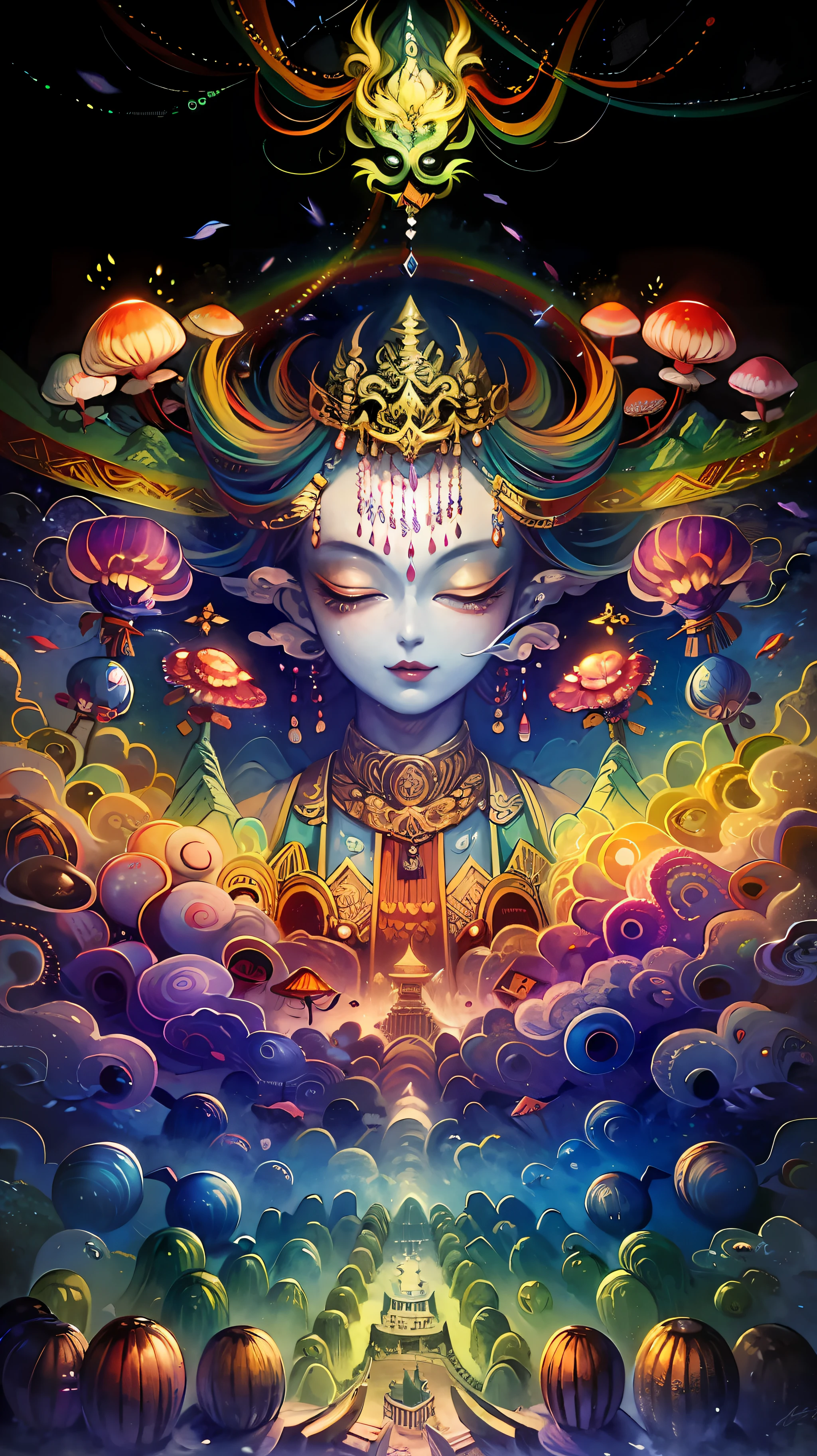 An ancient Chinese painting, ancient Chinese background, mountains, rivers, auspicious clouds, pavilions, sunshine,(psychedelic details),(mushrooms),(rainbow),(trippy),(DMT),(Buddha),(beautiful face),intricate details, more details, high details,masterpieces, super detail, epic composition, ultra HD, high quality, extremely detailed, official art, unified 8k wallpaper, Super detail, 32k -- v 6