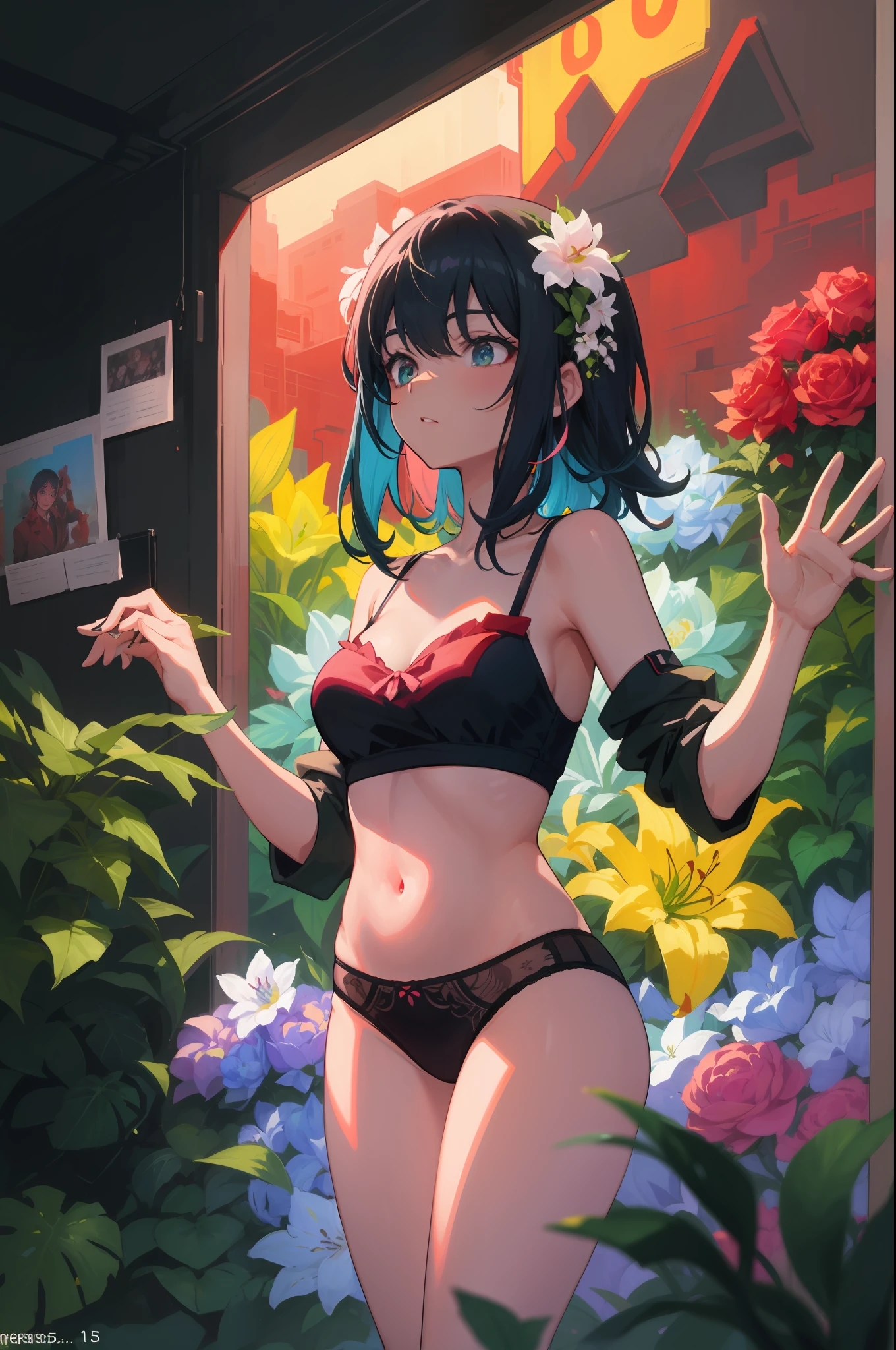 Masterpeace, BestQuality, 1 женщина, 28 лет, (floral panties), in love, Bright colors, Volumetric Lighting, best shadows, Shallow Depth of Field, (Top quality, amazing details: 1,25), Brilliant Colorful Paintings, nature, bower, Succulents, Roses, Lily, Peonies, fern, Palma, Cyberpunk, fancy, magic, flicker, Glare, neon garland,