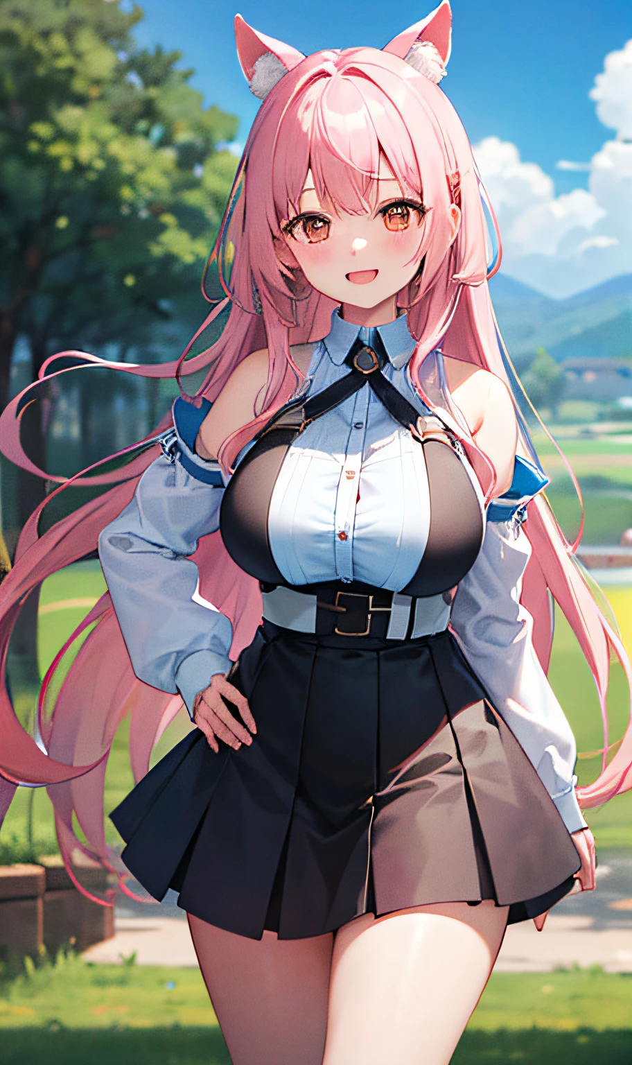 （（master masterpiece、The Highest Quality））、（1人）、pale pink hair、（OL））、bangs、gigantic tits、（full breasts）、slimness、Sorrisos、【Wide Hips】、Standing、a be\（blue archive）、Tanuki ears、valley、Background white