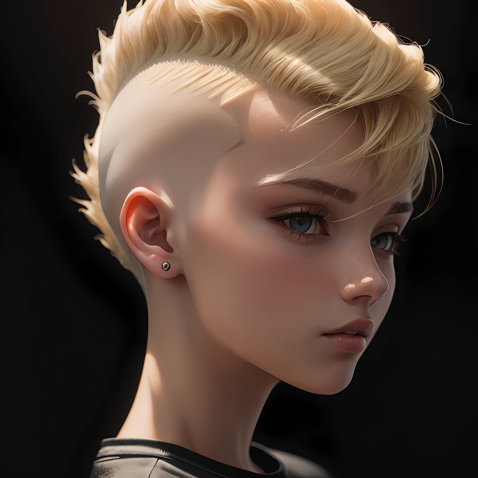 a 20 yo woman, blonde, (hi-top fade:1.3), dark theme, soothing tones, muted colors, high contrast, (natural skin texture, hyperrealism, soft light, sharp) --auto