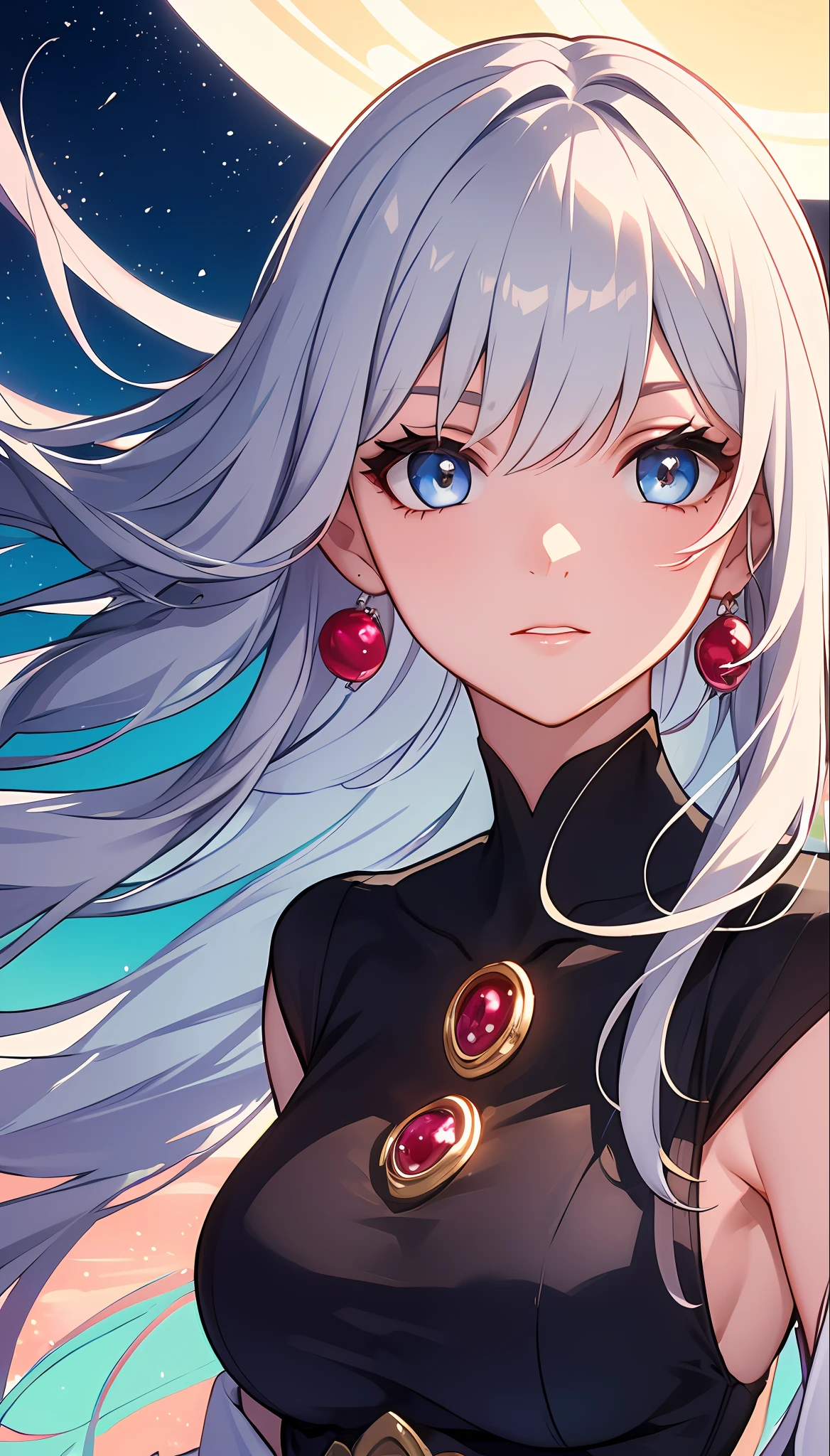 (masterpiece), (best quality), (ultra detailed),(disheveled hair),(illustration), (1girl), (Fashionable clothing), standing, Fashion model, looking at viewer, (interview), (simple background),beautiful detailed eyes, delicate beautiful face, Floating,(high saturation),(colorful splashes),colorful bubble,(shining), focus on face, drill hair, bronya, silver hair, bangs, hair ring, floating flowers, floating hairs, (shining), best lighting, best shadow, moderate breast