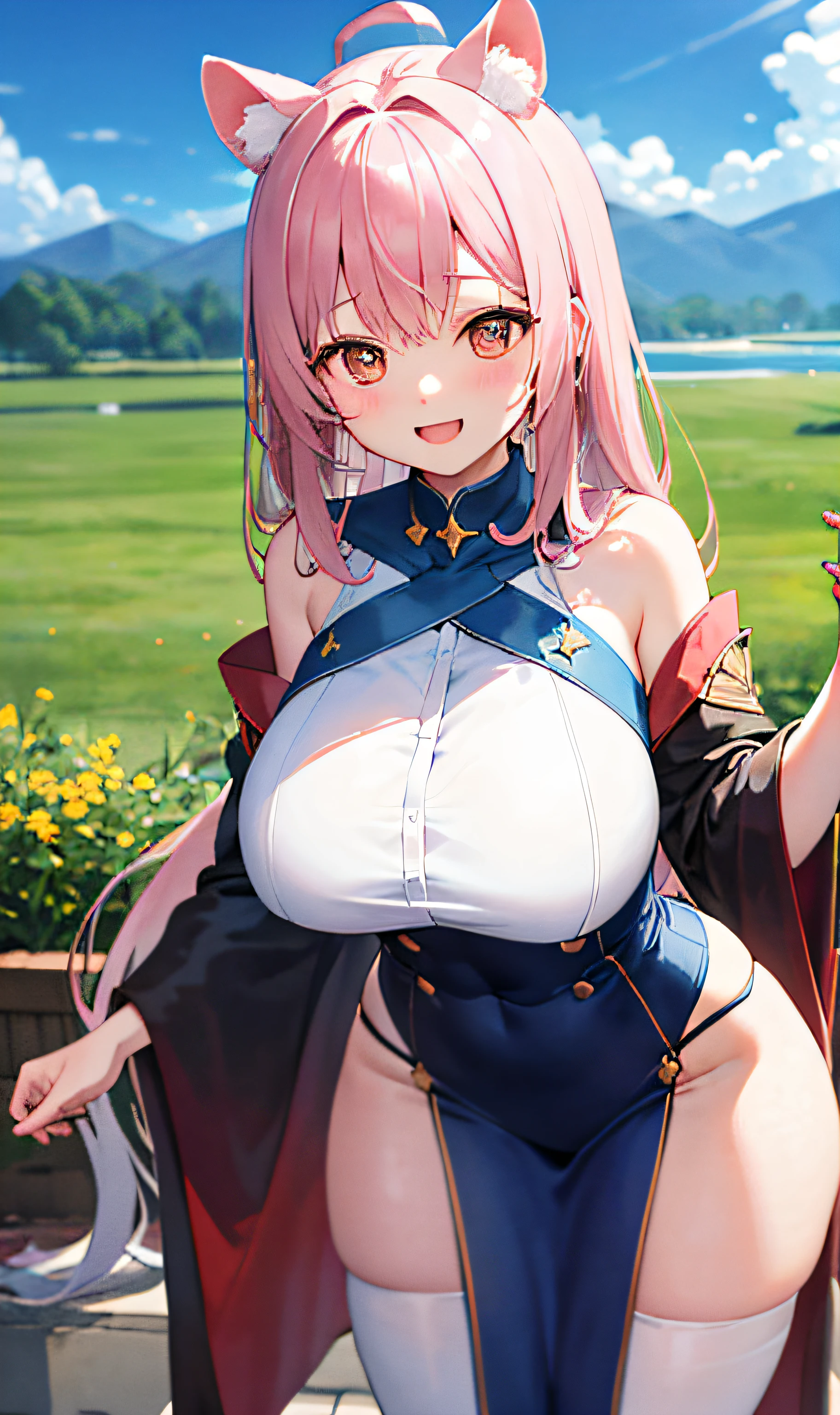 （（master masterpiece、The Highest Quality））、（1人）、pale pink hair、（OL））、bangs、gigantic tits、（full breasts）、slimness、Sorrisos、【Wide Hips】、Standing、a be\（blue archive）、Tanuki ears、valley、Background white