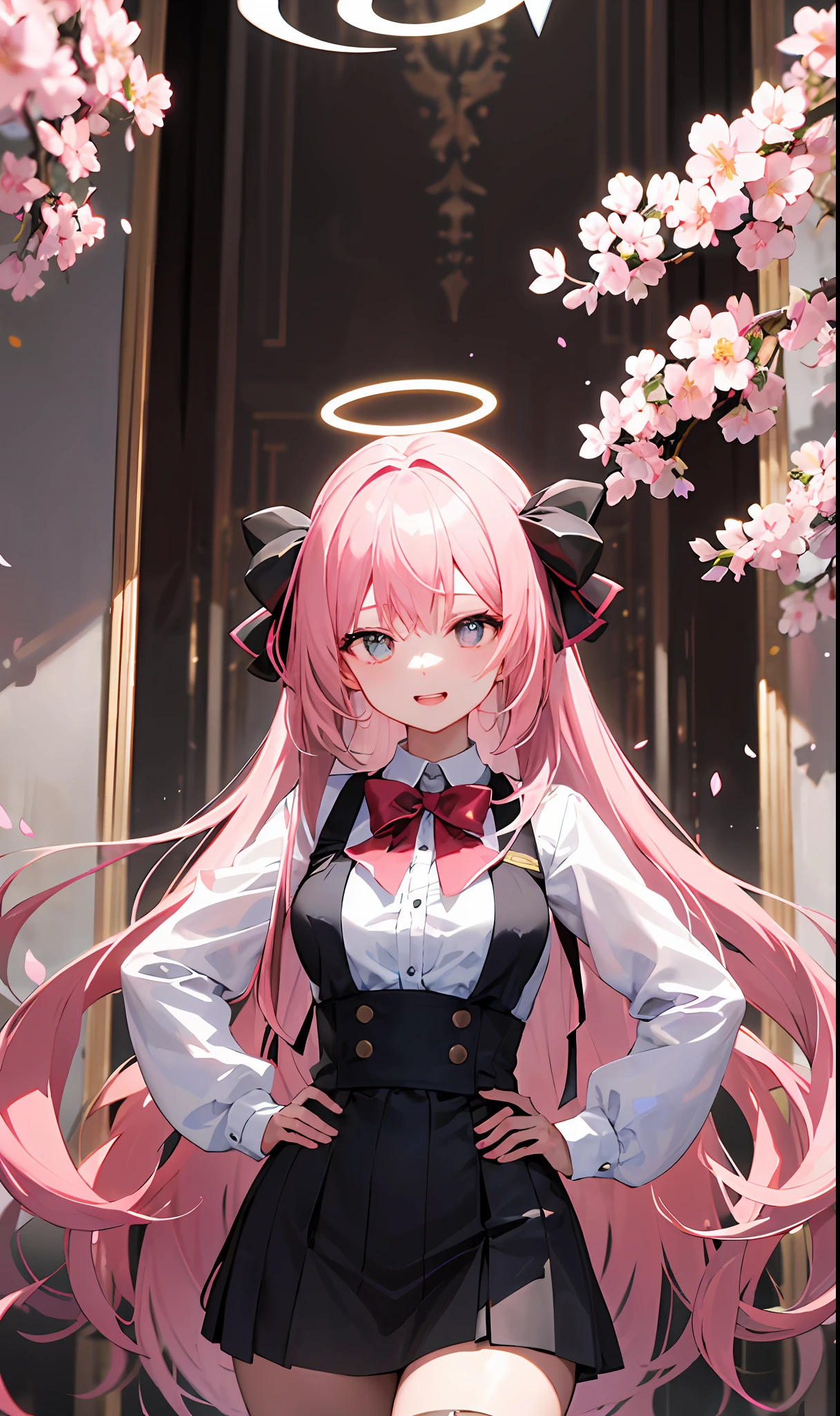 The Highest Quality, masterpiece, anime style、、、、、, hold in one&#39;s mouth、a beaut, Nebulae, ultra beautiful detailed eyes, Precise iris depiction
,hyper detailed face, complex, A perfect, mannequins,  textured, School Uniforms、light and dark, professional make-up, realistice，, rough, dominating, figure in frame, Cherry Blossoms、cherry blossom petals、Super beautiful background drawn by WLOP,
（（master masterpiece、The Highest Quality））、（1人）、（（Milf））、pale pink hair、halo、horn、）、bangs、Medium Tits、（full breasts）、slimness、Sorrisos、【Wide Hips】、Standing、a be\（blue archive）