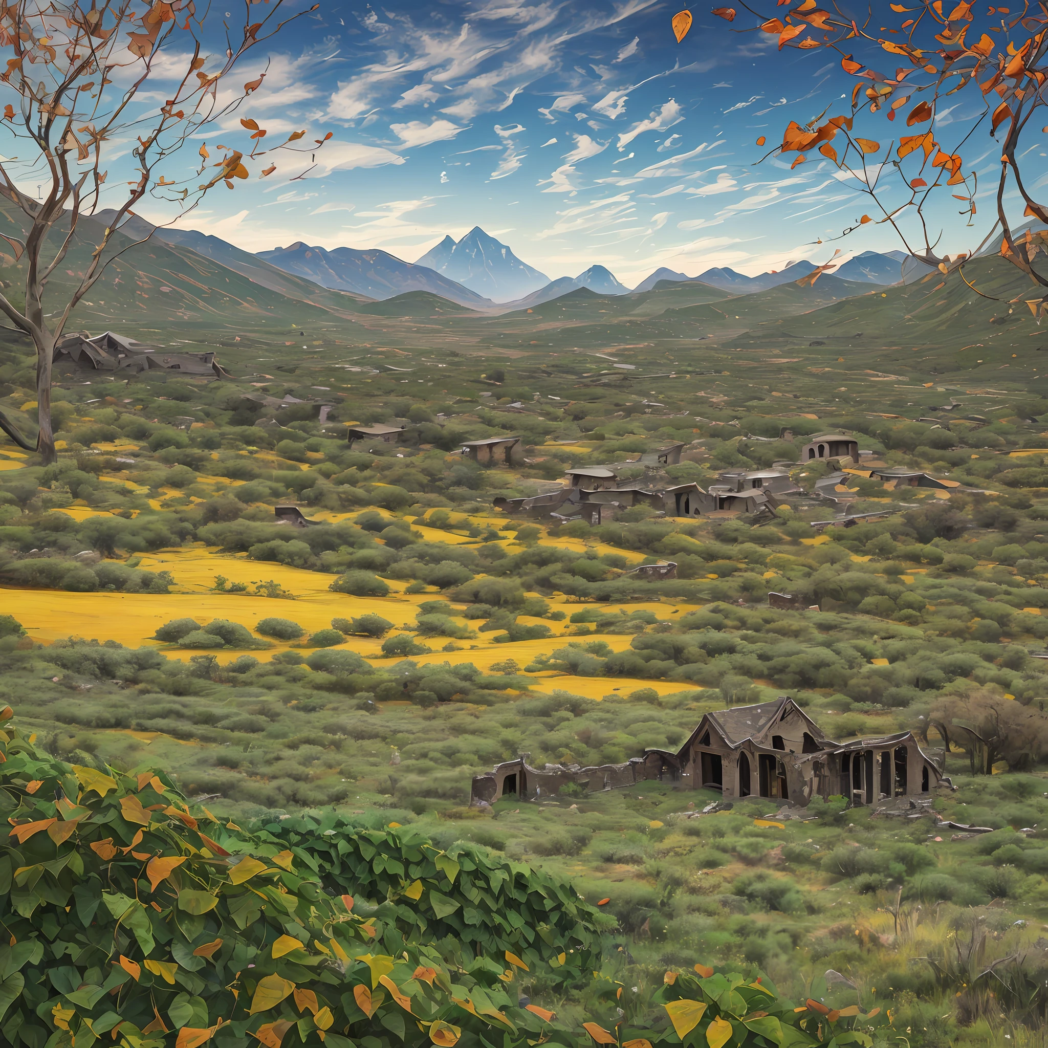Watercolor drawing, Jackson Pollock Computer Visualized Graphics, whirlwind of leaves, “Majestic mountains,” “Lush forests,” “Glittering lakes,” “Desert dunes,” “Golden sunsets."Realistic fantasies", Natural element, Extensive landscape ultra photography (general view, In the foreground, which shows an old dilapidated extension, An old ruined temple, The walls are covered entirely with ivy, Dynamic motion, leaves swirl in a spiral on the road, Dynamic motion, Coming through, The wind is blowing, Circling leaves inspired dynamic movement, In the foreground is the old chapel, The walls of the chapel in ivy, ), blurred background, In the distance of the rock, bank, grim, green, yellow, Graycolor, warm, magic