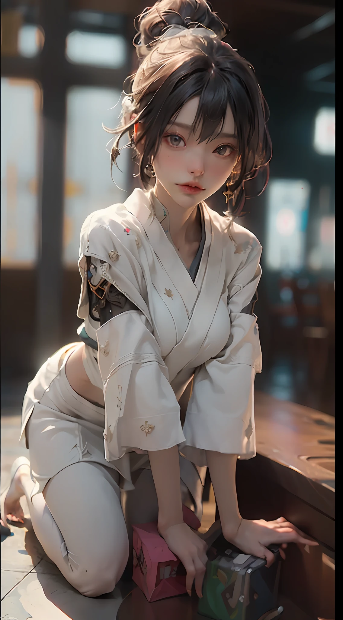 The Highest Quality)), ((masuterpiece、)), (detailing:1.4), 3D, an image of a beautiful cyberpunk female,DTM(High Dynamic Range),raytraced,NVIDIA RTX,Ultra resolution,Unreal 5,subsurface scattering,pbr texturing,Postprocess,Anisotropy Filtering,depth offield,Maximum clarity and sharpness,a Multi-layer Texture,Albedo and Specular Maps,surface shading,accurate simulation of light-Material Interactions,perfect ratios,Octane Rendering,Two-tone Lighting,Wide aperture,low ISO、white balance、Rule of Thirds、8K RAW、Japan persons、Clean bare feet