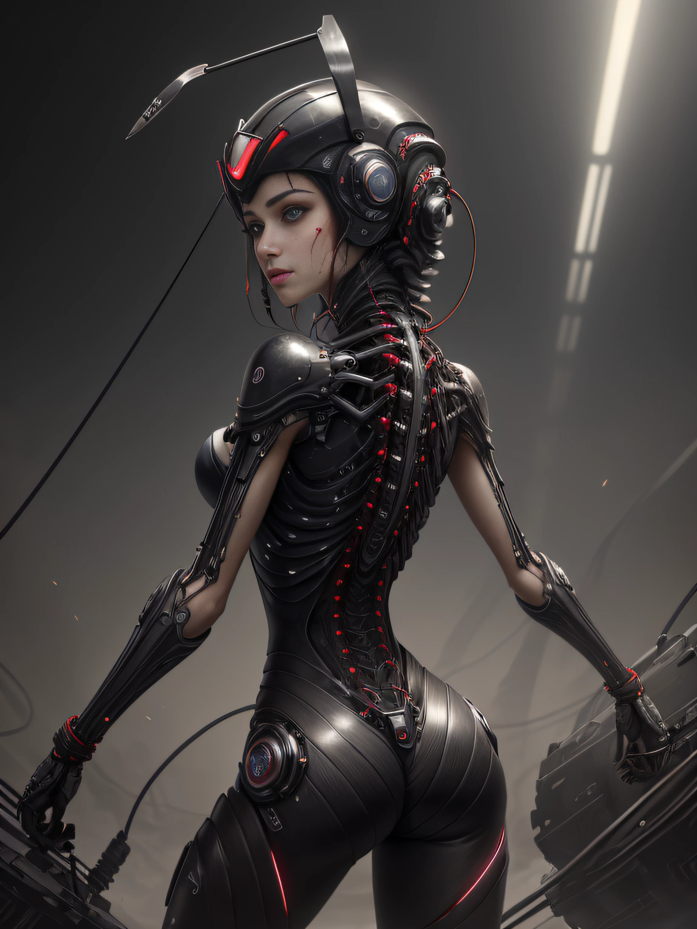 1 mecânica, batle alita anjo |, ((detalhes super realistas)), retrato, global illumination, Sombras, octane rendering, 8k, super sharp, Metal, complexa, ornamental detalhada, cores frias, Egyptian details, detalhes altamente complexos, luz realista, CGsociety trends, olhos brilhantes, facing camera, Neon details, mechanical limbs, blood vessels attached to tubes, mechanical vertebrae attached to the back, mechanical cervical vertebrae attached to the neck, corpo inteiro, purple wires and cables attached to the head, (meias de calcanhar), (sangue vermelho), (armadura preta), (osso transparente), postura sexy provocante, biquini branco, vermelho