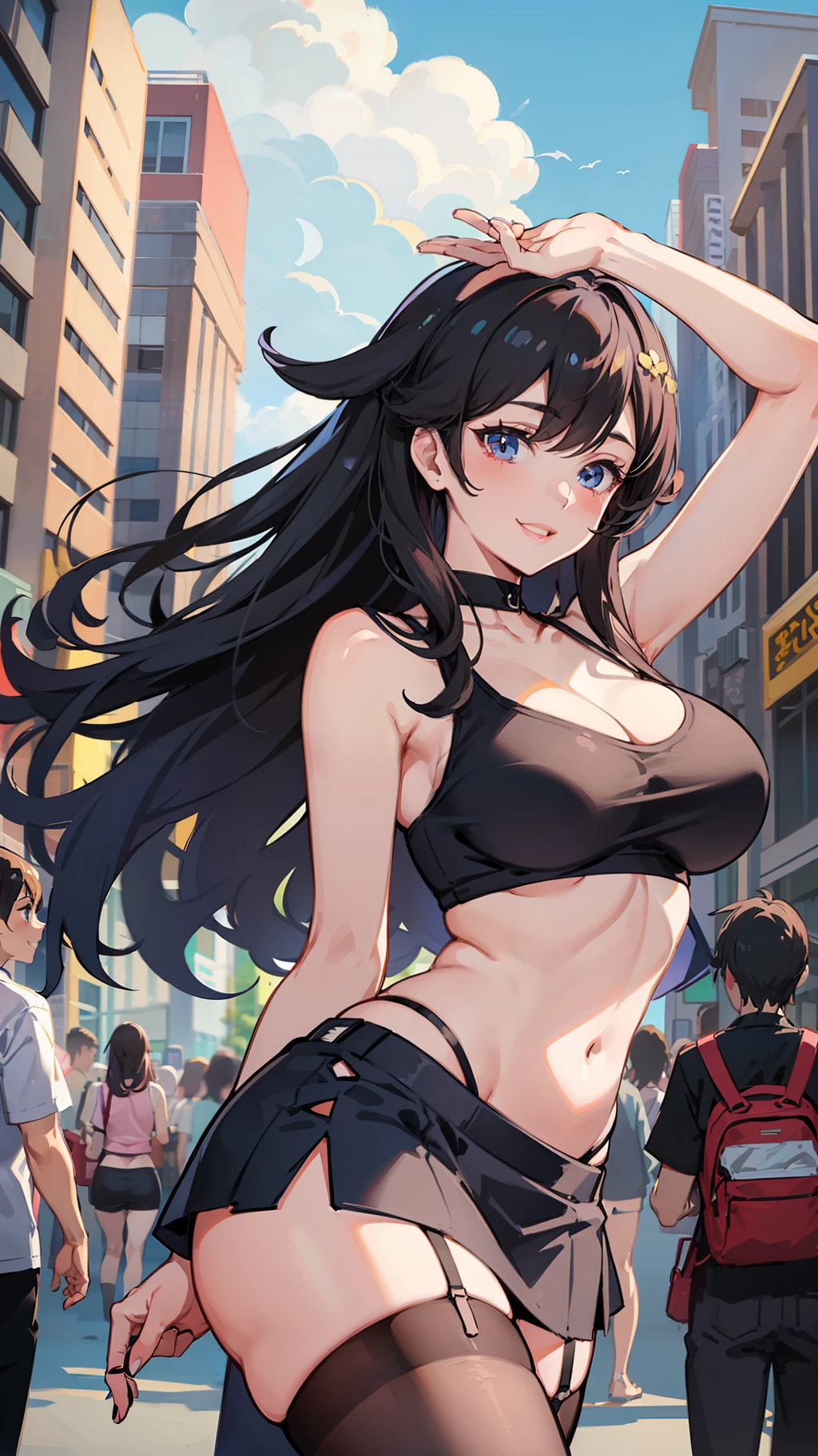 one woman,bra,mini skirt,tank top,stockings,posing,sexy pose,large breasts,tall of a person,beautiful face,slanted eyes,big eyes,smiling,long hair,wave hair,outdoor,daytime,public park,Crowd of People,anime style,masterpiece, extremely fine and beautiful,illustration