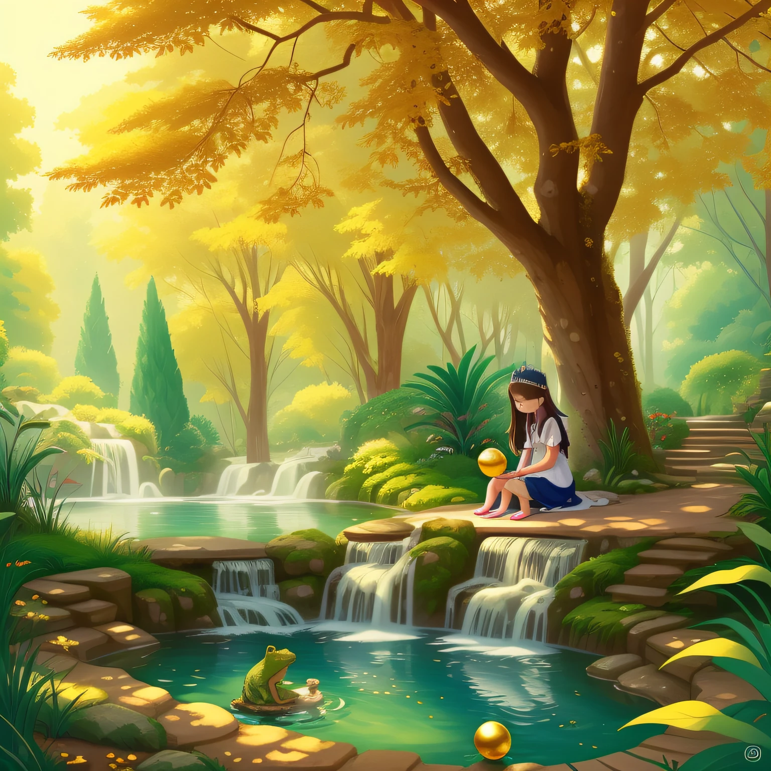 Once upon a time, There is a beautiful princess。, In the royal palace where the princess lived, There is a shady shade of the trees, In the shade, There is an ancient well。, When it's hot, The little princess often played golden in the shade of this tree。, It's cool here, When she was tired of playing, she washed her face with cold well water, Sit under a tree and enjoy the shade。, Once, Her golden ball accidentally fell into the well, She cried, Because it's her favorite golden ball。, The little princess was crying, Suddenly someone said:"Don't cry, I can help you pick up the golden ball。”, The little princess took a look, It's a frog。 --auto