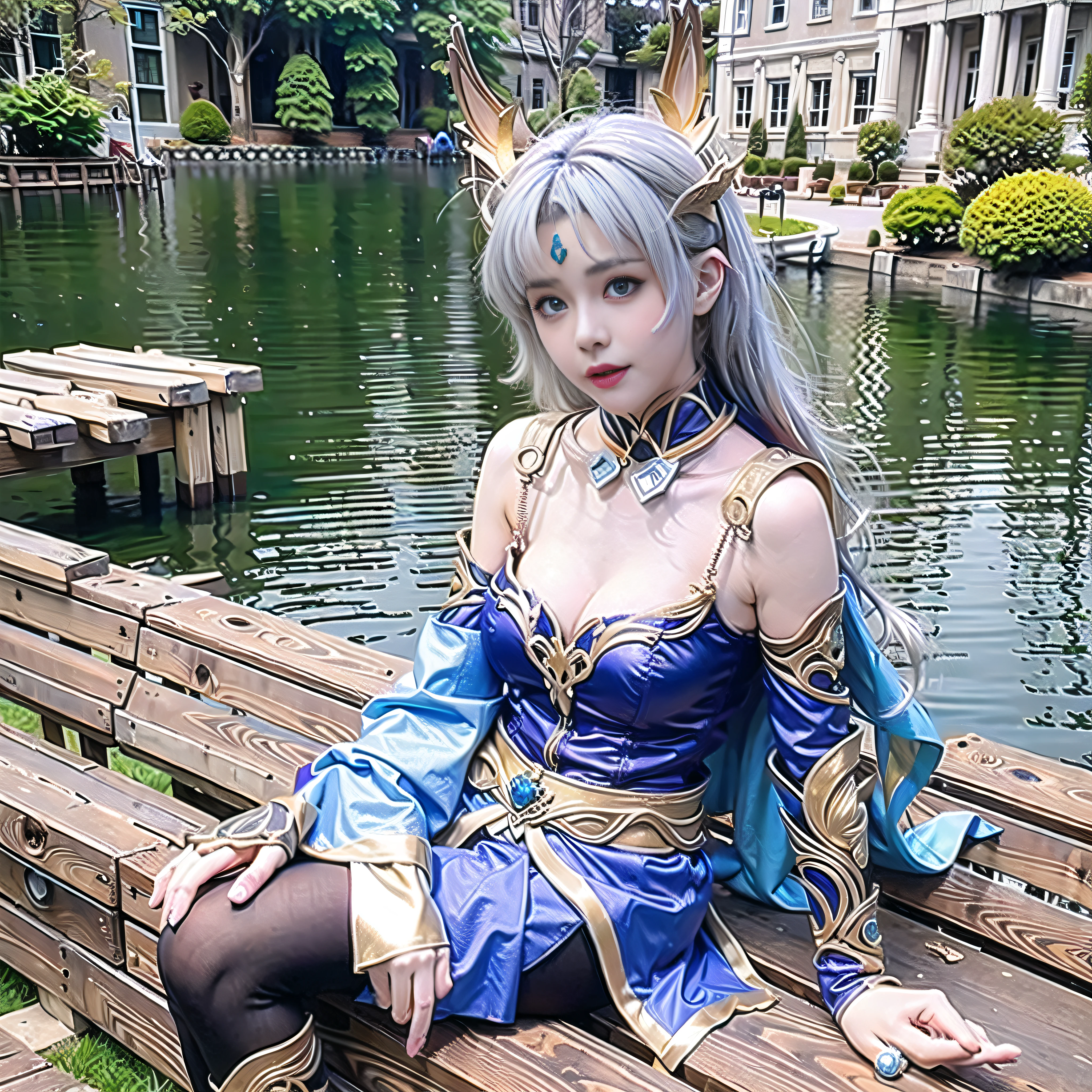 Arad woman sitting on dock with rabbit ears and blue skirt, anime girl role play, anime role play, anime goddess, portrait knight of zodiac girl, Ayaka role play, role play, anime girl in real life, full role play, gorgeous role play, role player, knight of zodiac girl, role play photo, charming role play, professional role play, elegant and charming role play, most detail, best light and shadow, 4k, big breasts