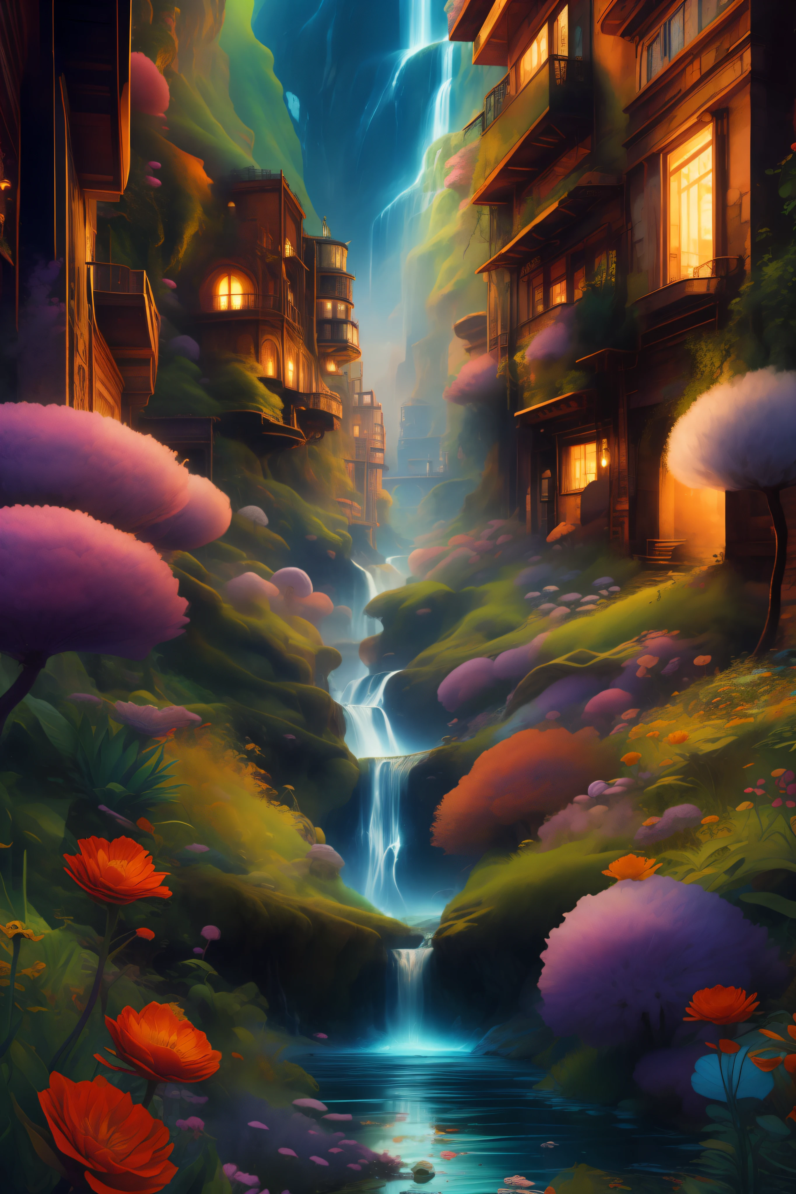 ((best quality)), ((masterpiece)), ((realistic)),
A mesmerizing digital illustration showcasing a fantasy vibrant city seamlessly blending with the surrounding nature. The artwork portrays a cityscape that harmoniously coexists with the natural elements, where towering buildings and structures are intertwined with lush forests, cascading waterfalls, and vibrant flora. The vibrant and colorful color scheme adds a touch of magic and enchantment to the scene, while the detailed artistry brings every element to life. The lighting in this artwork is truly magical, casting a warm and ethereal glow over the entire city and its natural surroundings. This highly detailed masterpiece of fantasy art invites viewers to immerse themselves in a world where the urban and natural realms intertwine in perfect harmony.