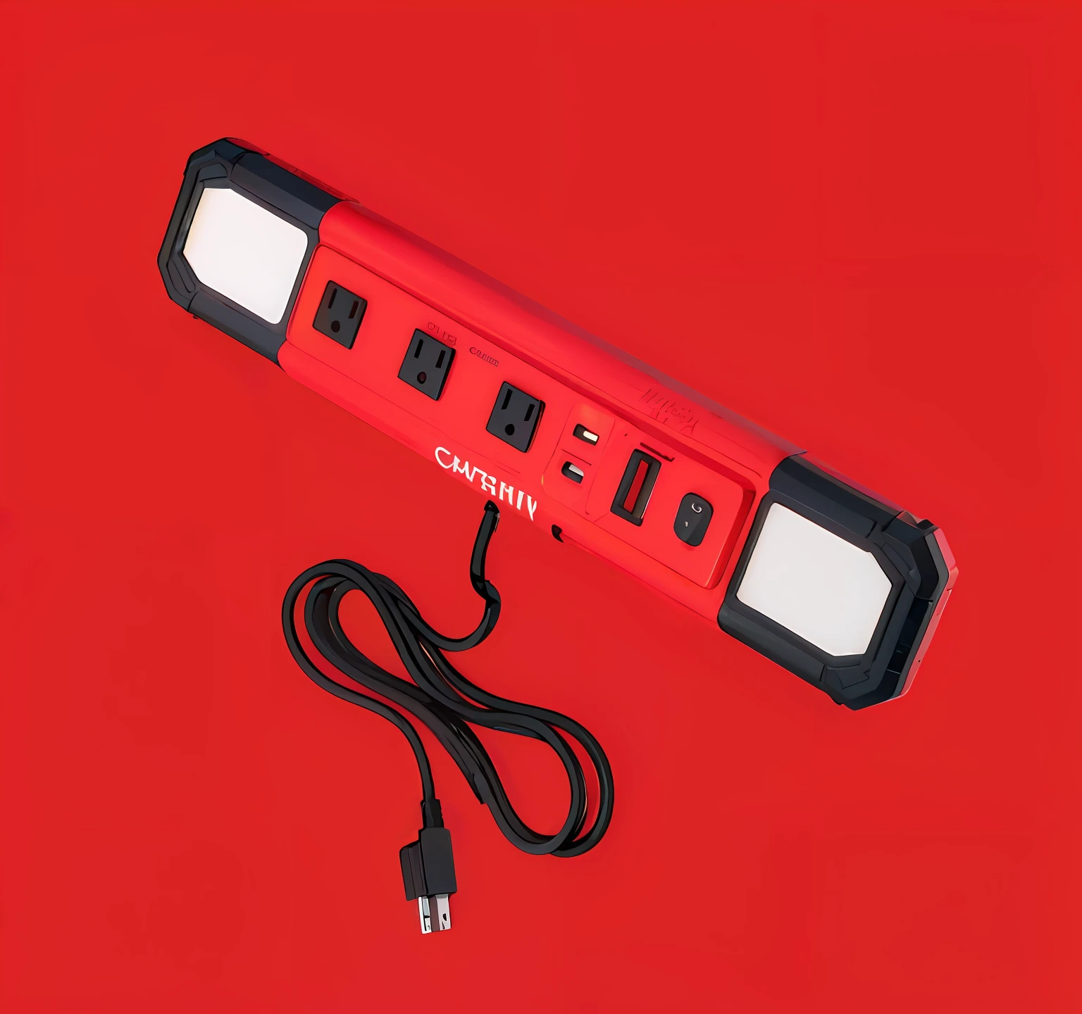 a close up of a red power strip with a cord, craftsman,Plug in the work light,Illumination,Strip insertion,Focus adjustment function,Bluetooth speaker and audio output,Wireless charging and USB charging,Energy savings,product design shot, easy to use, a wide full shot