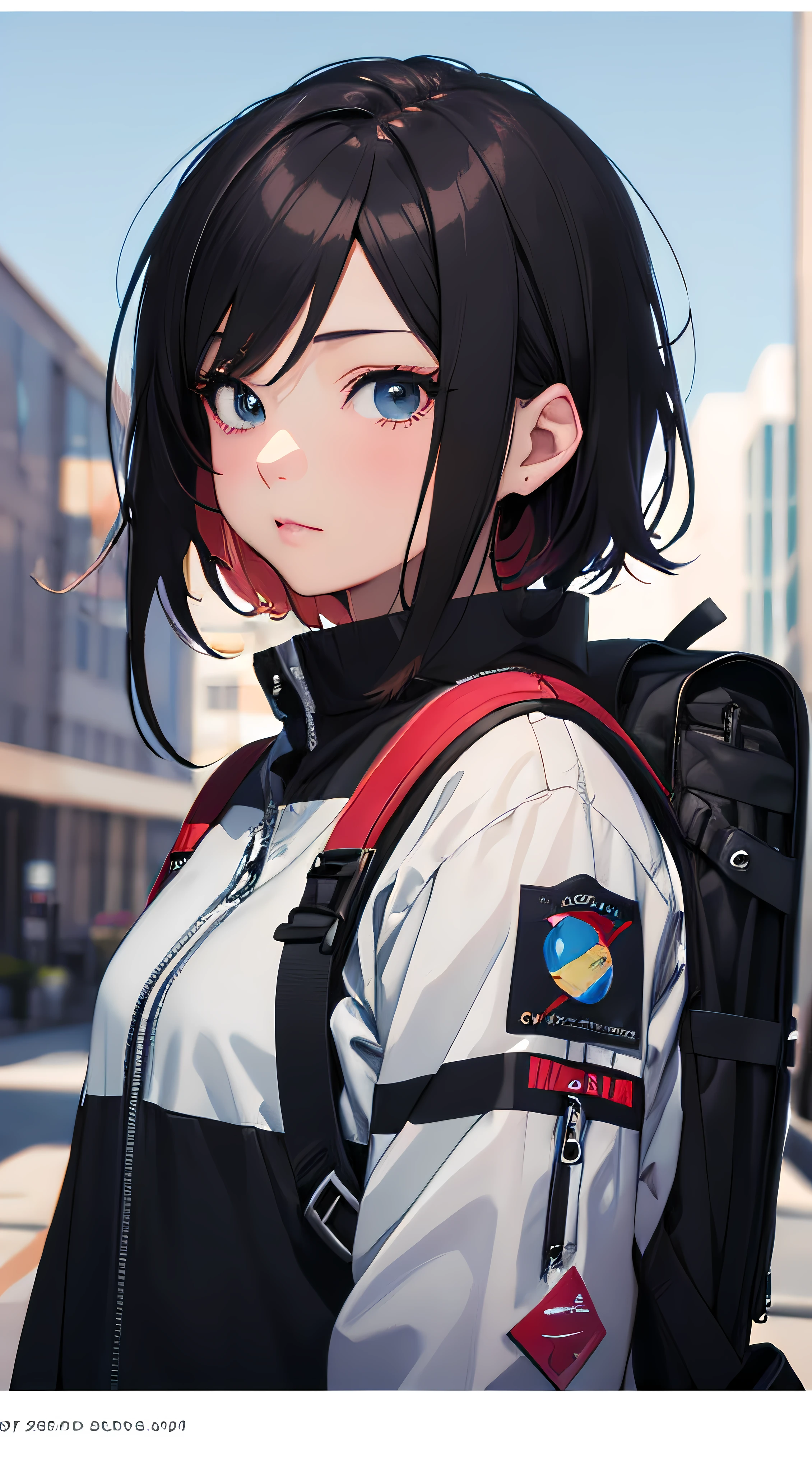 a close up of a person with a backpack and a name tag on their shoulder, portrait anime space cadet girl, realistic anime 3 d style, realistic anime artstyle, realistic anime art style, detailed digital anime art, anime style. 8k, anime realism style, anime style portrait, anime style 4 k, beautiful anime portrait, stunning anime face portrait