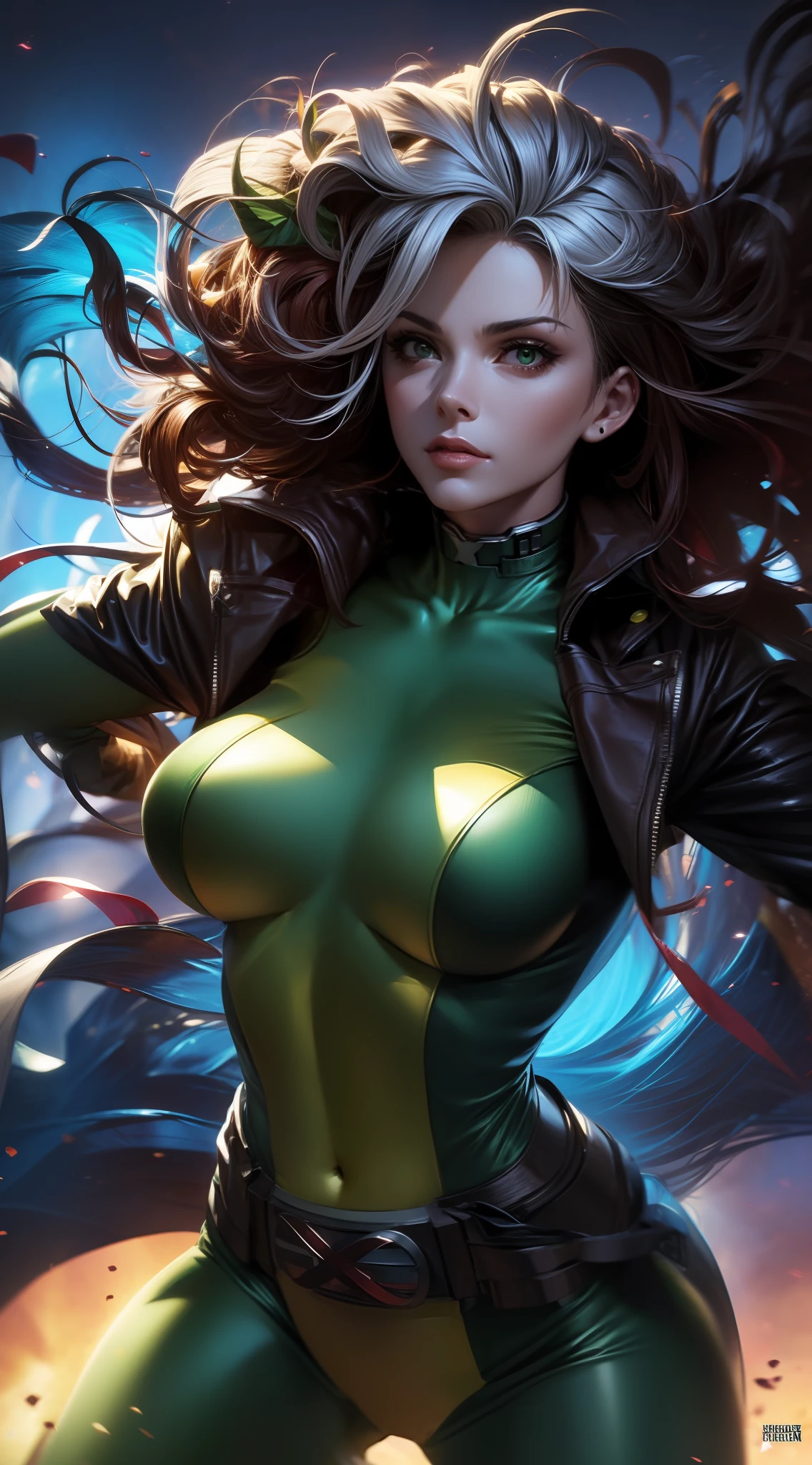 linda mulher, ((Rogue X-men), mecha branca no cabelo, cabelo castanho, roupa verde e amarela, Cor amarela no meio da roupa na vertical, jaqueta marrom, faixa verde na testa, um cinto com um X no meio, voando, Um X de X-men no peito