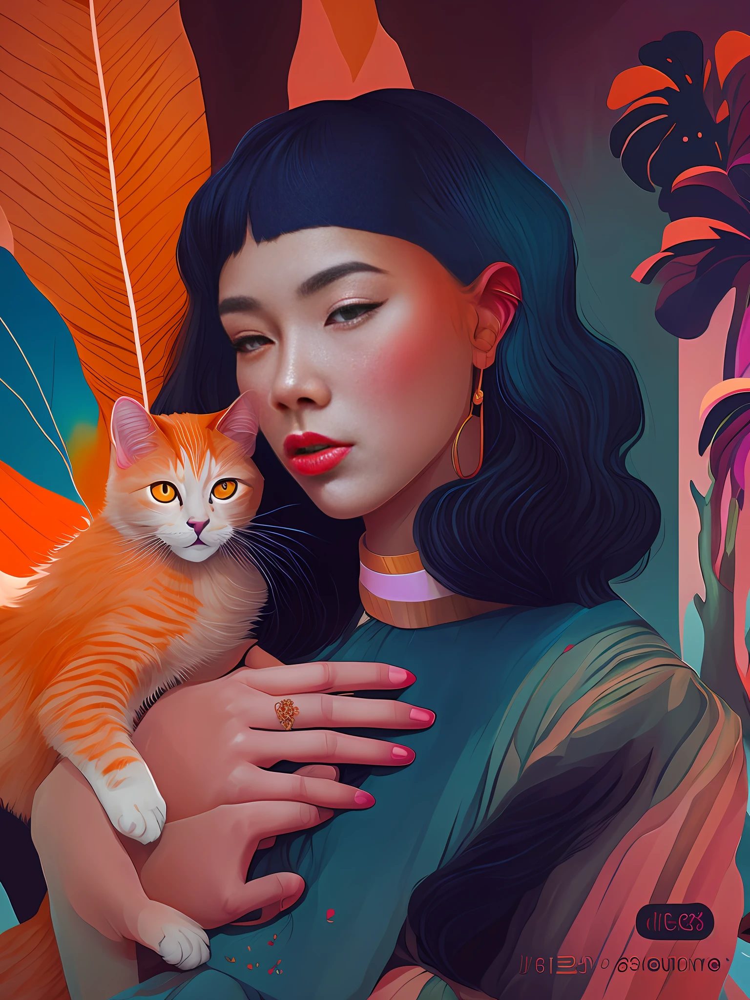 there is a woman holding a cat in her arms, in style of digital illustration, beautiful digital illustration, stunning digital illustration, lofi portrait, exquisite digital illustration, jen bartel, in style of digital painting, in the art style of bowater, colorful illustration, beeple and jeremiah ketner, by Jin Nong, a beautiful artwork illustration --auto