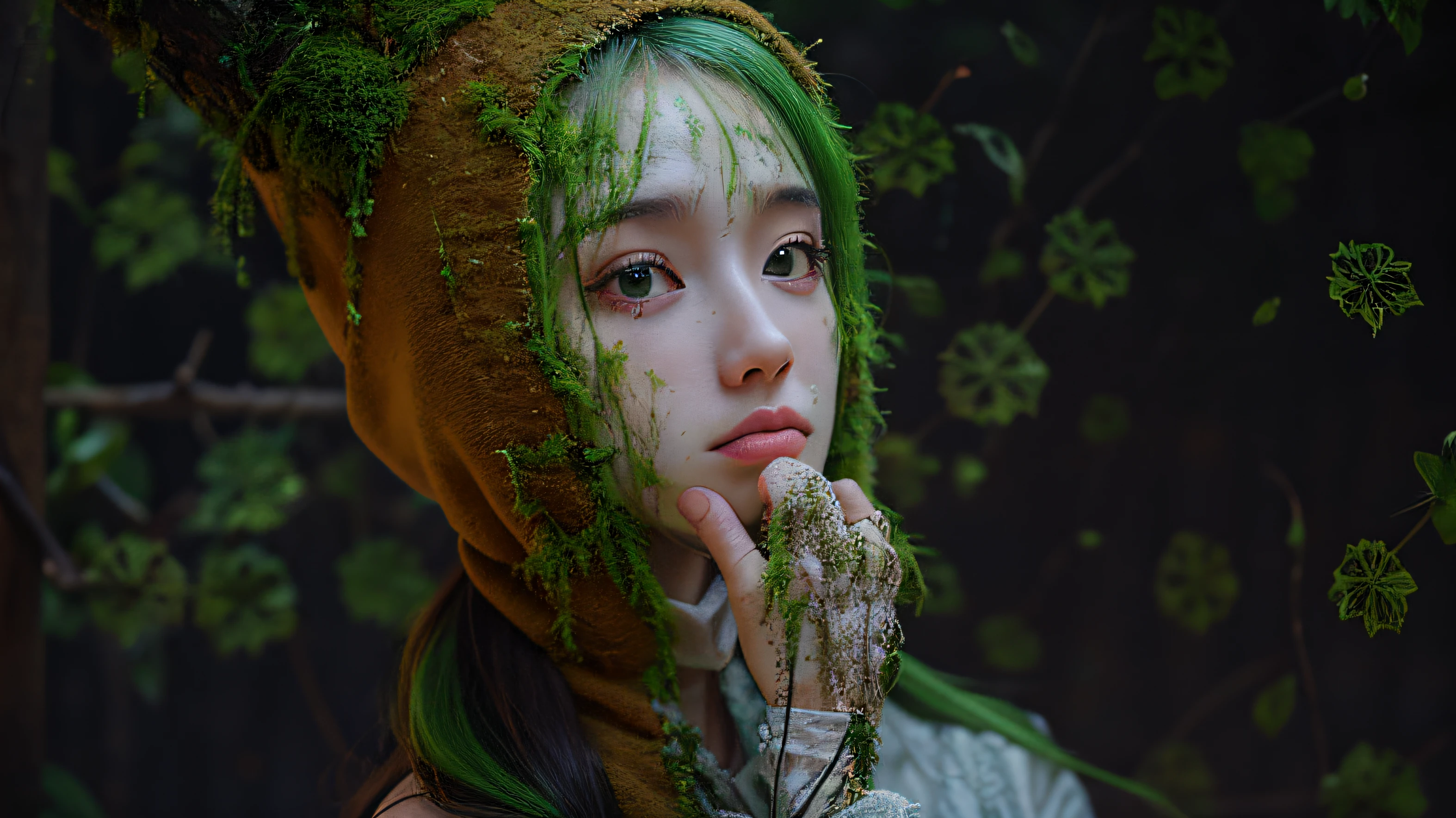 more green moss grows on head, hat with moss ears, forest background, 4k, high quality, forest background, rain