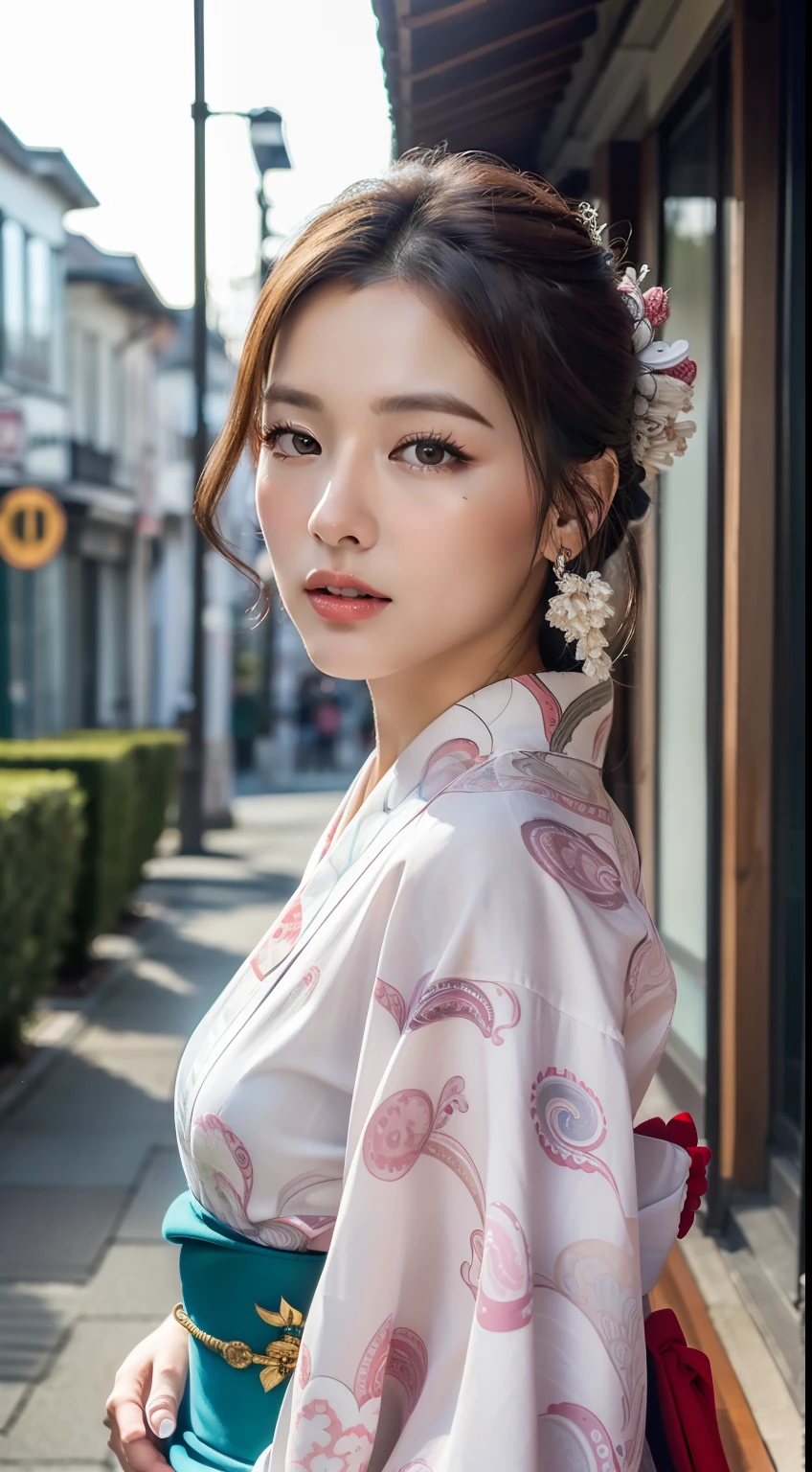 ((The Highest Quality、8k、master masterpiece:1.3))、Crisp focus:1.2、Beautiful woman with perfect body shape:1.4、(kimono ,、 ,、 ,、Paisley pattern)、City street:1.2、Very detailed face and skin texture、Detailed eye、Double Eyelid