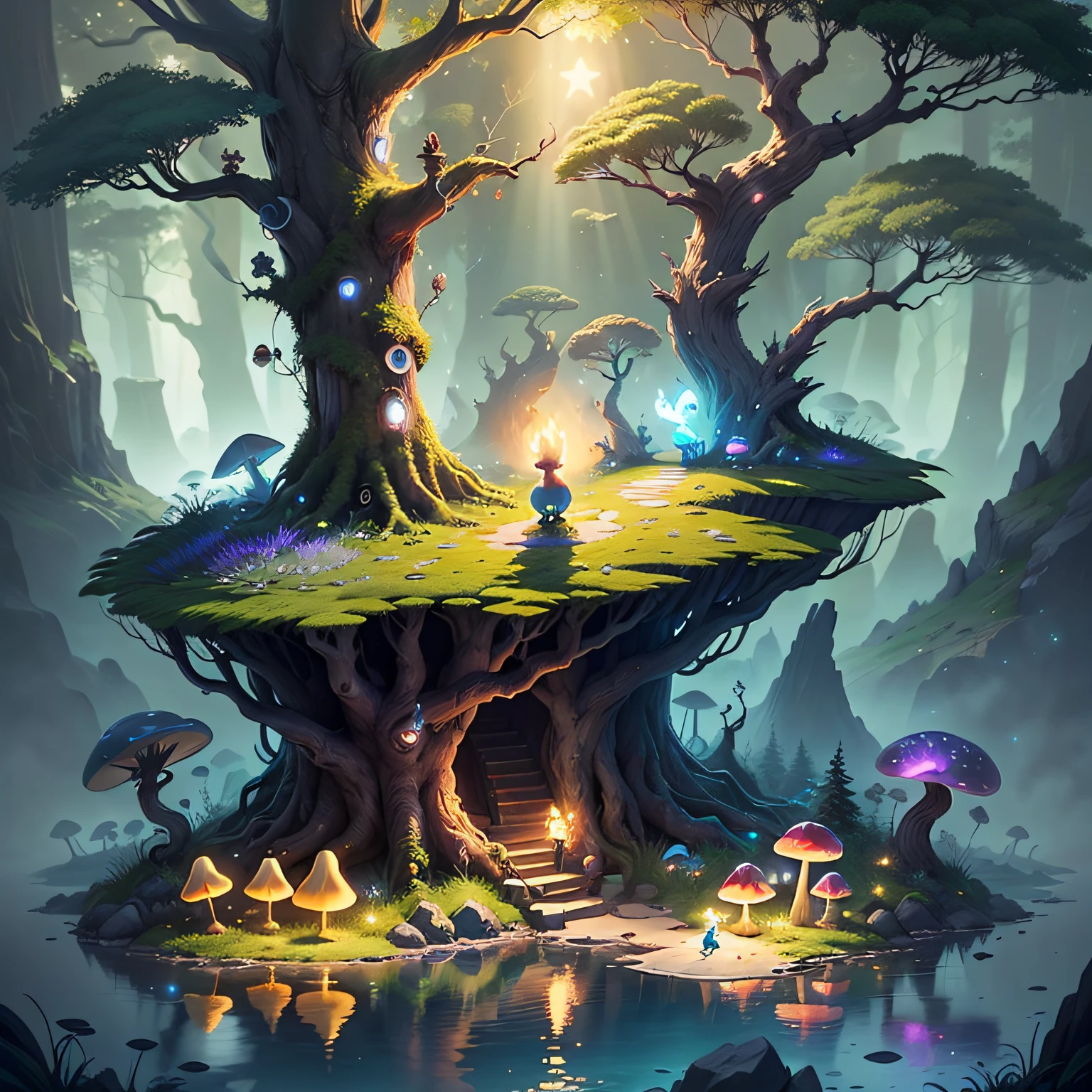 spiritual tree, twilight ray, blonde light, star lit sky, forest with water and rock and bright mushroom, (Ori and the Blind Forest), (Ori and the Will of the Wisps), 2D game, Digital art of, realistic scale, sharp focus, (HDR), (8k), (gigapixel), ((master masterpiece，))