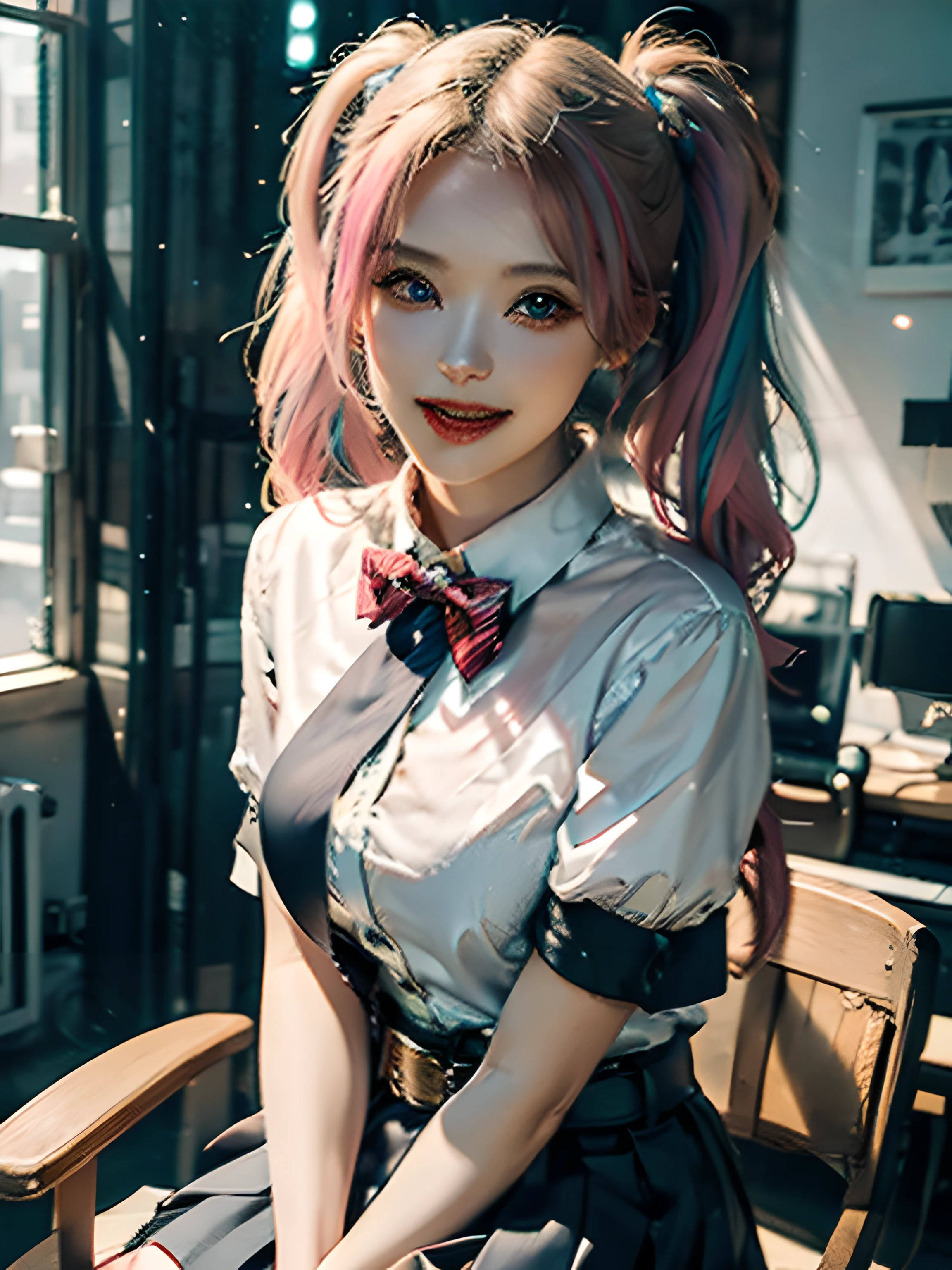 , 1girl, twintails, multicolored hair, hair over one eye, x hair ornament, hair ornament, blue eyes, blue hair, smile, bow, pink hair, blonde hair, solo, looking at viewer, yellow bow, indoors, heart, makeup, skirt, selfie, phone, dress, teeth, hairclip, monitor, reaching towards viewer, long hair, bangs, short sleeves, pink nails, bowtie, suspenders, yellow bowtie, hair tie, open mouth, computer, stuffed toy, sitting, shirt, livestream, belt, quad tails, pill, v,sparkle,violet lighting,,the most beautiful form of chaos, elegant, a brutalist designed, vivid colours, romanticism, atmospheric, (RAW photo, best quality), (realistic, photo-realistic:1.3), masterpiece, an extremely delicate and beautiful, extremely detailed,, (floating colorful {wind|water magic|ink|crystals|fire|ice|flame|lightning|web|rocks|sand|particles|sparkles|blood}:1),