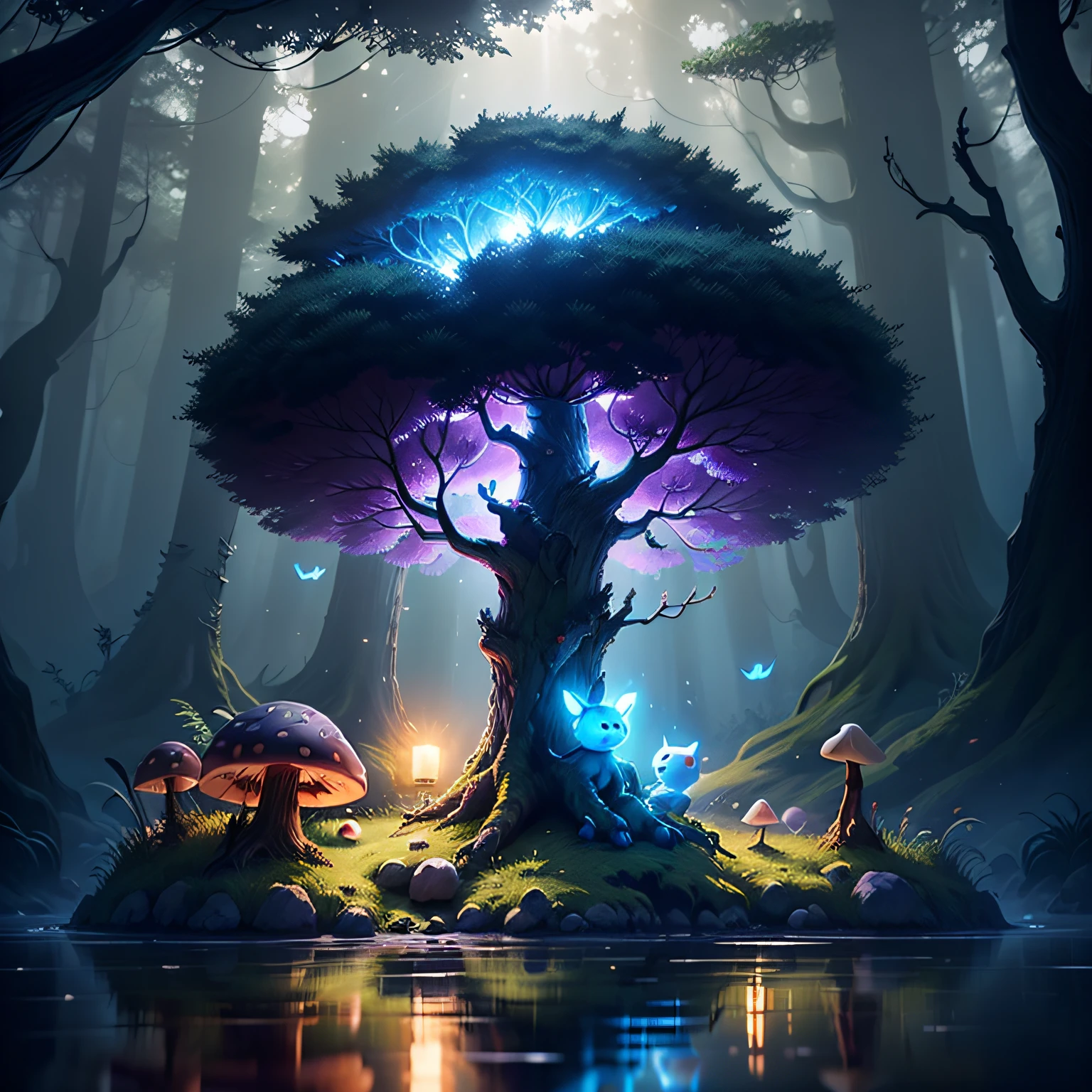 spiritual tree, twilight ray, blonde light, star lit sky, forest with water and rock and bright mushroom, (Ori and the Blind Forest), (Ori and the Will of the Wisps), 2D game, Digital art of, realistic scale, sharp focus, (HDR), (8k), (gigapixel), ((master masterpiece，))