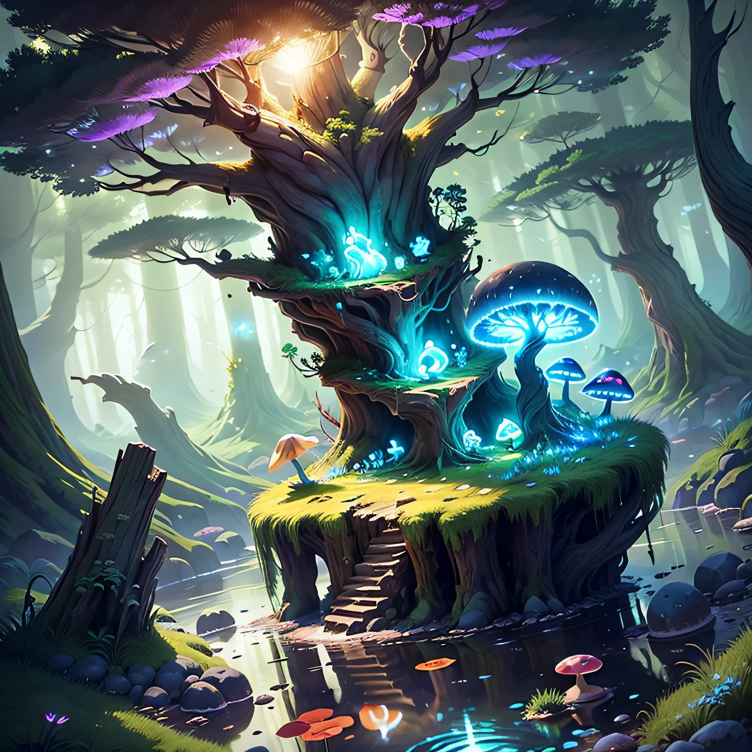 spiritual tree, twilight ray, blonde light, star lit sky, forest with water and rock and bright mushroom, (Ori and the Blind Forest), (Ori and the Will of the Wisps), 2D game, Digital art of, realistic scale, sharp focus, (HDR), (8k), (gigapixel), ((master masterpiece，))