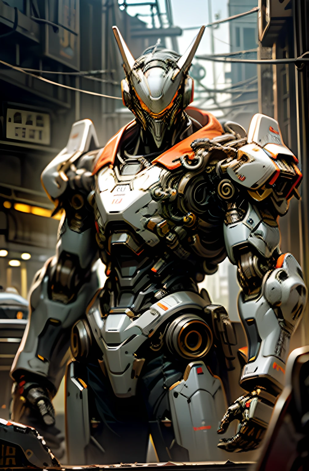 Dark_Fantasy,Cyberpunk,(chain saw,chain saw man,Red:1.1),1man,Mechanical marvel,Robotic presence,Cybernetic guardian, wearing a worn-out mech suit, intricate, (steel metal [rusty]), elegant, clear focus, shot by greg rutkowski, soft lighting, vibrant colors, masterpiece, ((street)), cowboy shot, dynamic pose,