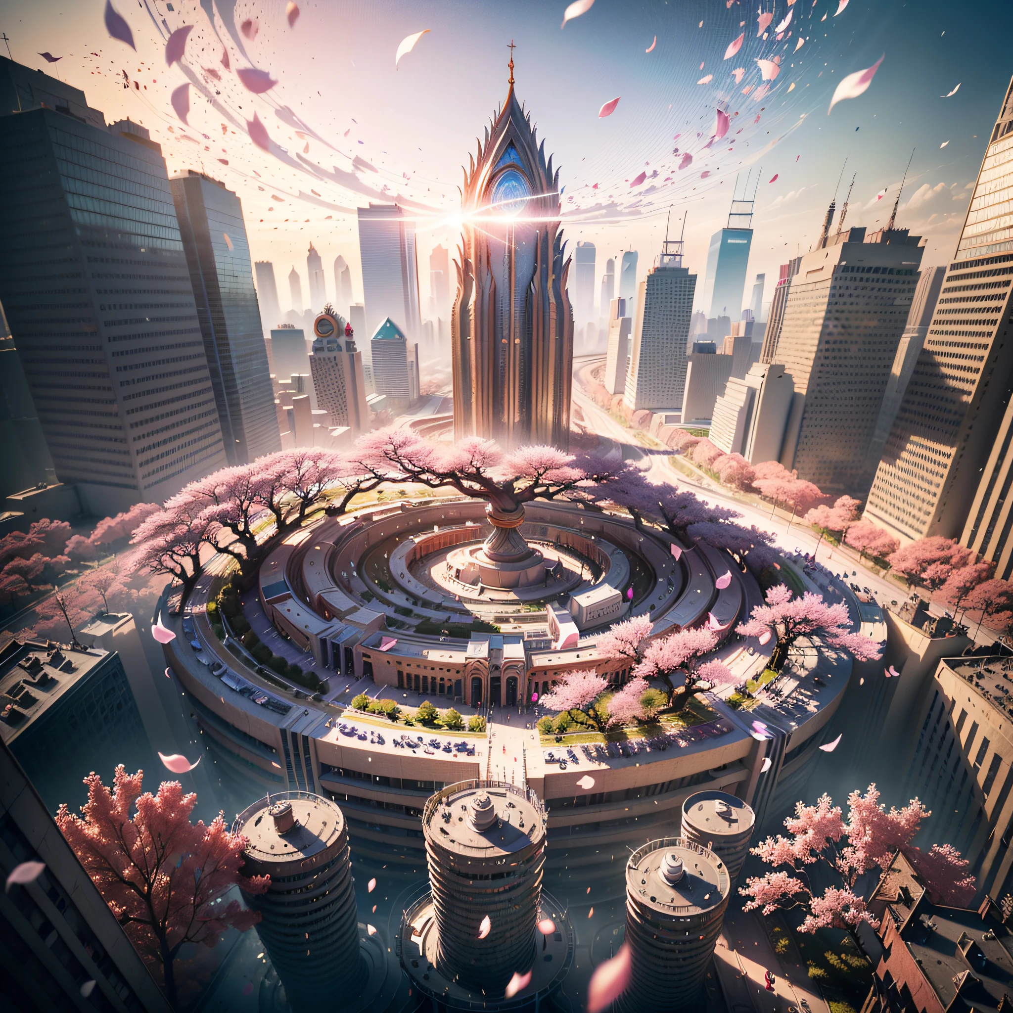 (thousands of sakura petals in the air creating a swirling vortex moving on the megapolis city streets:1.3), (Ultrarealistic:1.3) (masterpiece:1.3) (wide-angle aerial view:1.3), (RAW photo), (ultra high res), (Unreal Engine 5), (Vivid:1.4), (Highly Detailed:1.2), (Photorealism:1.3), (CGI Art:1.3), (trending on ArtStation:1.3), (trending on CGSociety:1.3), (octane render), (by Artist Steve Ditko:1.3), (by Artist Vittorio Reggianini:1.3), (by Artist Brian Froud:1.3), UHD (Photorealistic:1.3), (cinematic lighting), (Digital Art:1.3), god rays, ray tracing, god rays, ray tracing, overexposure, Gothic art, RetroWave, (8k), (best quality), UHD