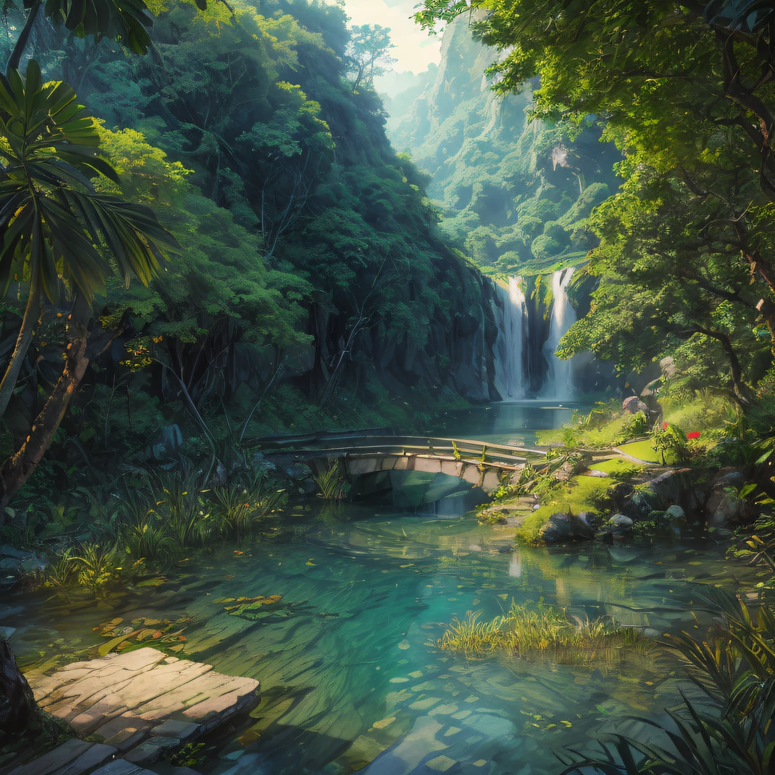 water vapor, waterfalls, jungles, lakes, caves, trees, meadows, night (illustration: 1.0), epic composition, Realistic lighting, HD details, master masterpiece, The Highest Quality, (very detailed CG unified 8k wallpaper)