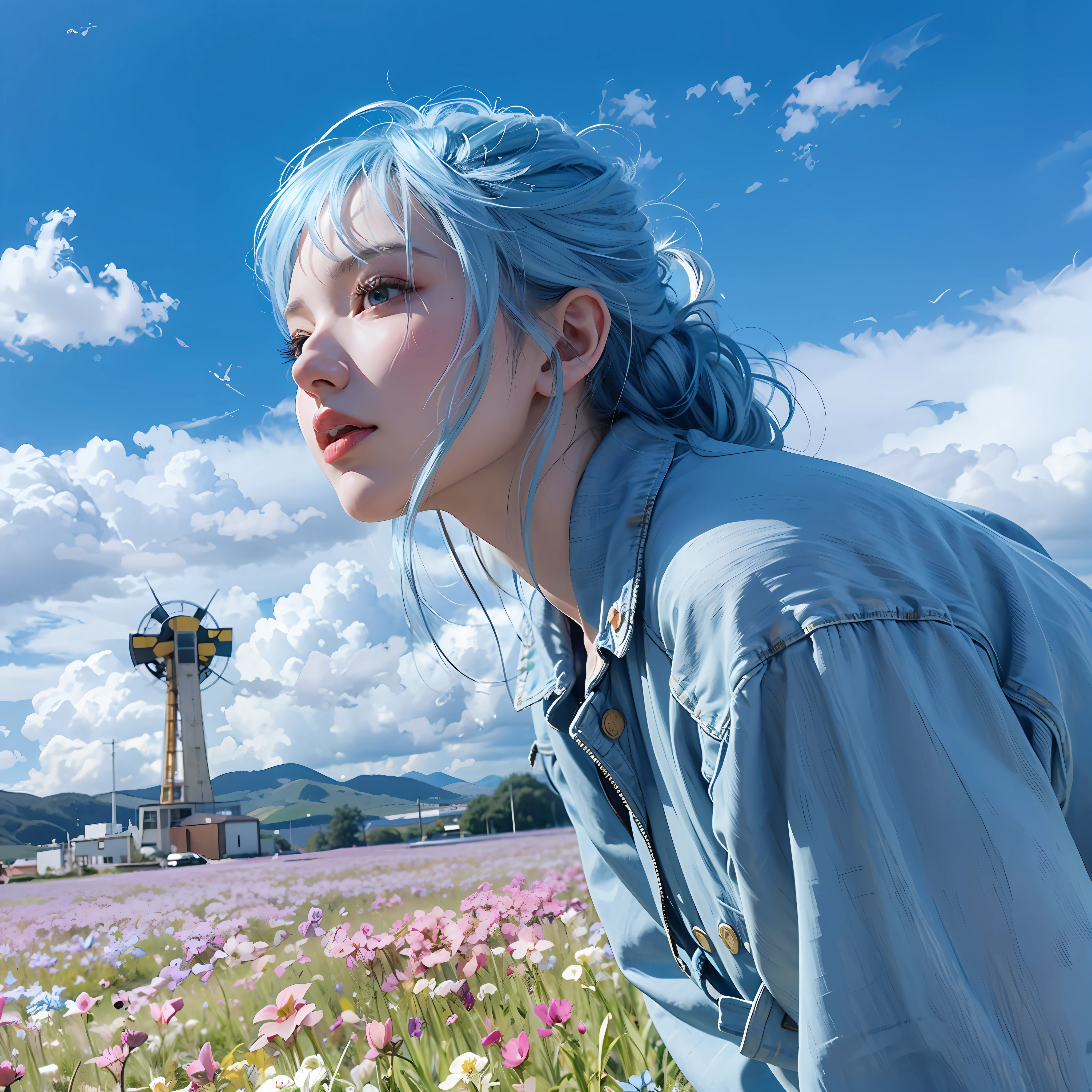arafed woman with blue hair and a denim jacket standing in a field of flowers, with blue hair, spring day, azure hair, an aesthetic field of flowers, Album Cover, with frozen flowers around her, girl in a flower field, clouds of vivid horse-hair wigs, in a field of flowers, sky blue straight hair, standing in flower field