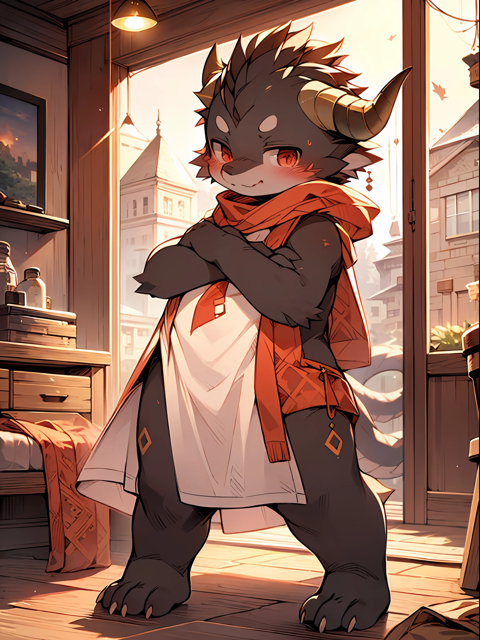 Anatomically correct,Loong, Black scales,dragon horn,Q version, cuddly, standing a, master masterpiece, great resolution,8k,detailed backgrounds,high qualitt,The boy,(By Dagasi:1.1),solo