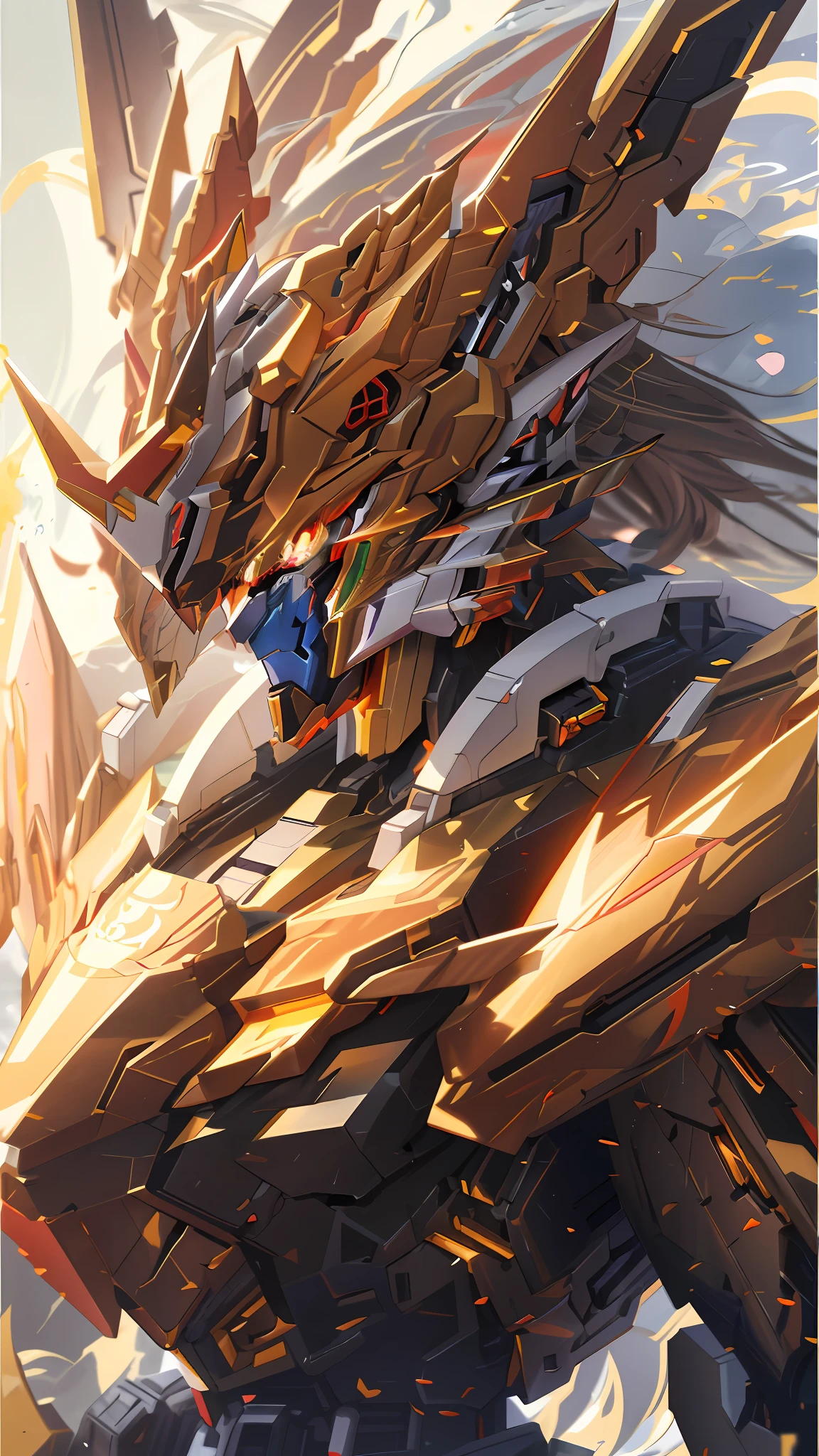 a close up of a robot like object with a shiny body, sleek mecha female dragon head, gold paladin, robot mecha female dragon head, cyborg dragon portrait, cool mecha style, detailed anime artwork, well armored mech dragon, detailed anime art, anime abstract art, detailed key anime art, anime mecha aesthetic, detailed digital anime art