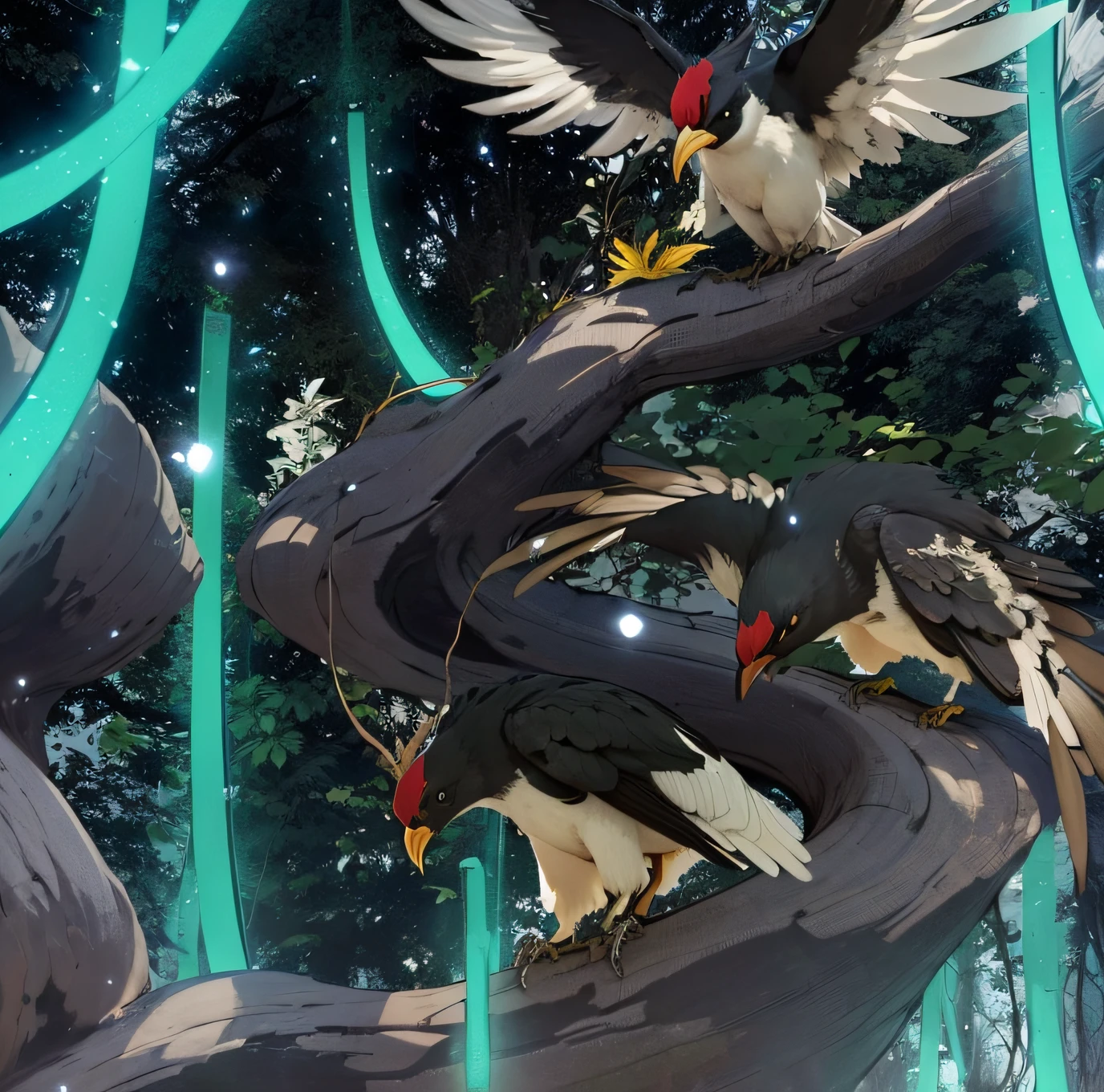 Three birds stand on a branch