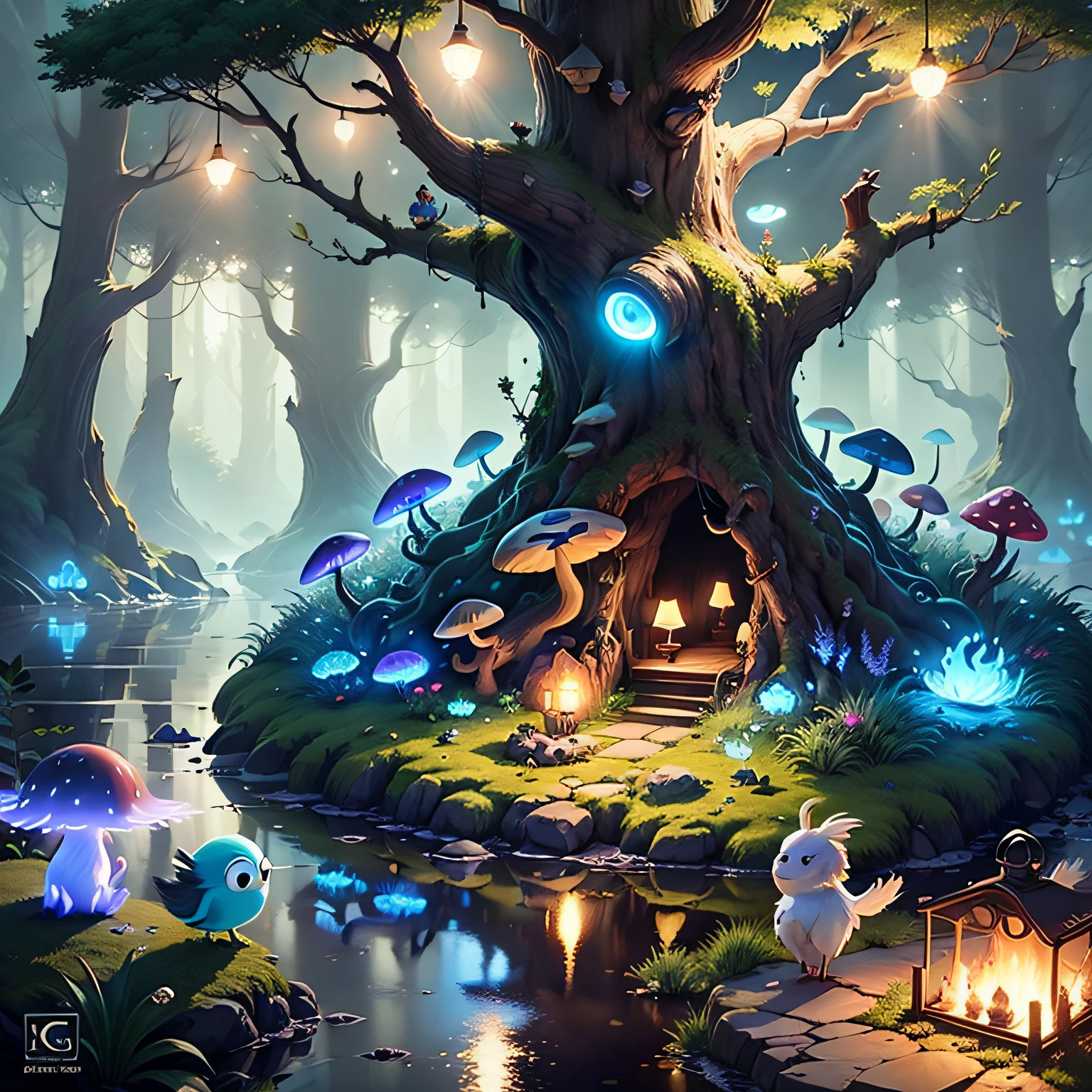 spiritual tree, twilight ray, blonde light, star lit sky, forest with water and rock and bright mushroom, (Ori and the Blind Forest), (Ori and the Will of the Wisps), 2D game, Digital art of, realistic scale, sharp focus, (HDR), (8k), (gigapixel), ((master masterpiece，))