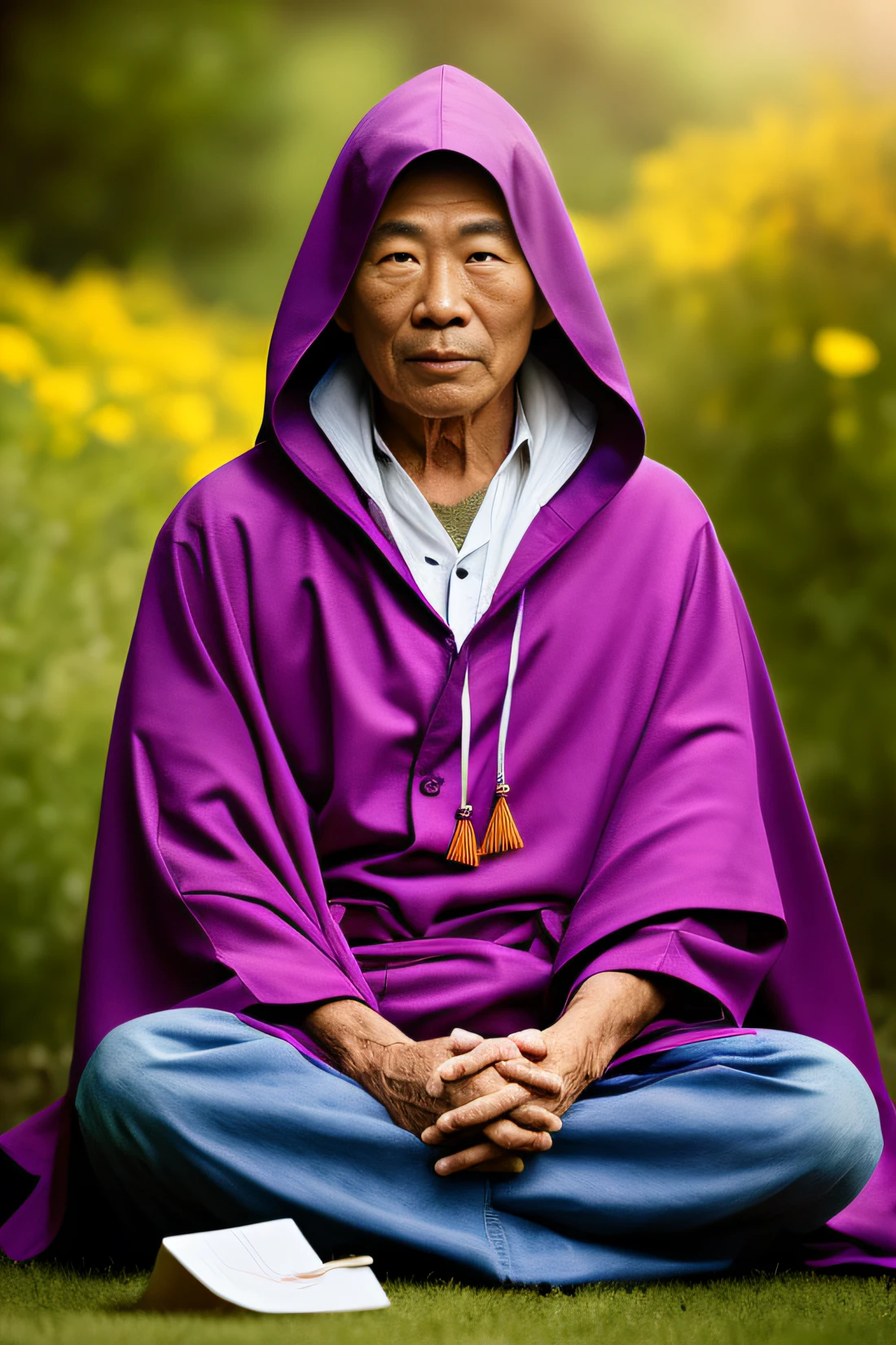 Muscular old Asian monk sits cross-legged in an patch of flowers with his eyes opens looking straight in deep meditation, wearing a hood and cape, his stoic expression remains unbroken, (extremely detailed CG), ((Realistic Shadows:1.2)), ((Realistic Lighting:1.1)), [Highest quality], (8K:1.1), ultra-detailed, ((perfect shadows)), best illumination, best shading, (masterpiece), (best quality:1.0), (ultra highres:1.0), well drawn body, (subject in focal point)