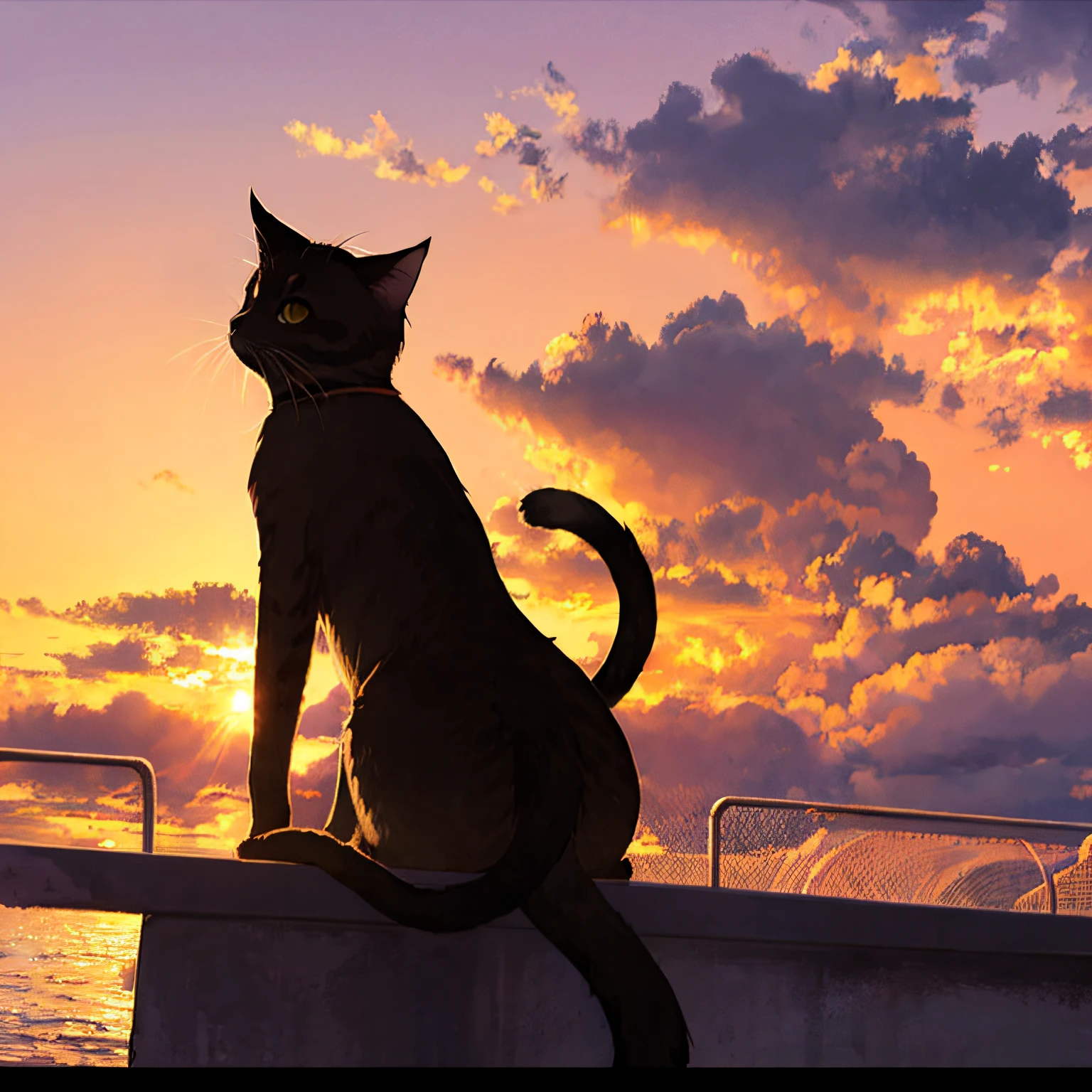 Two-dimensional girl back sunset cat --auto