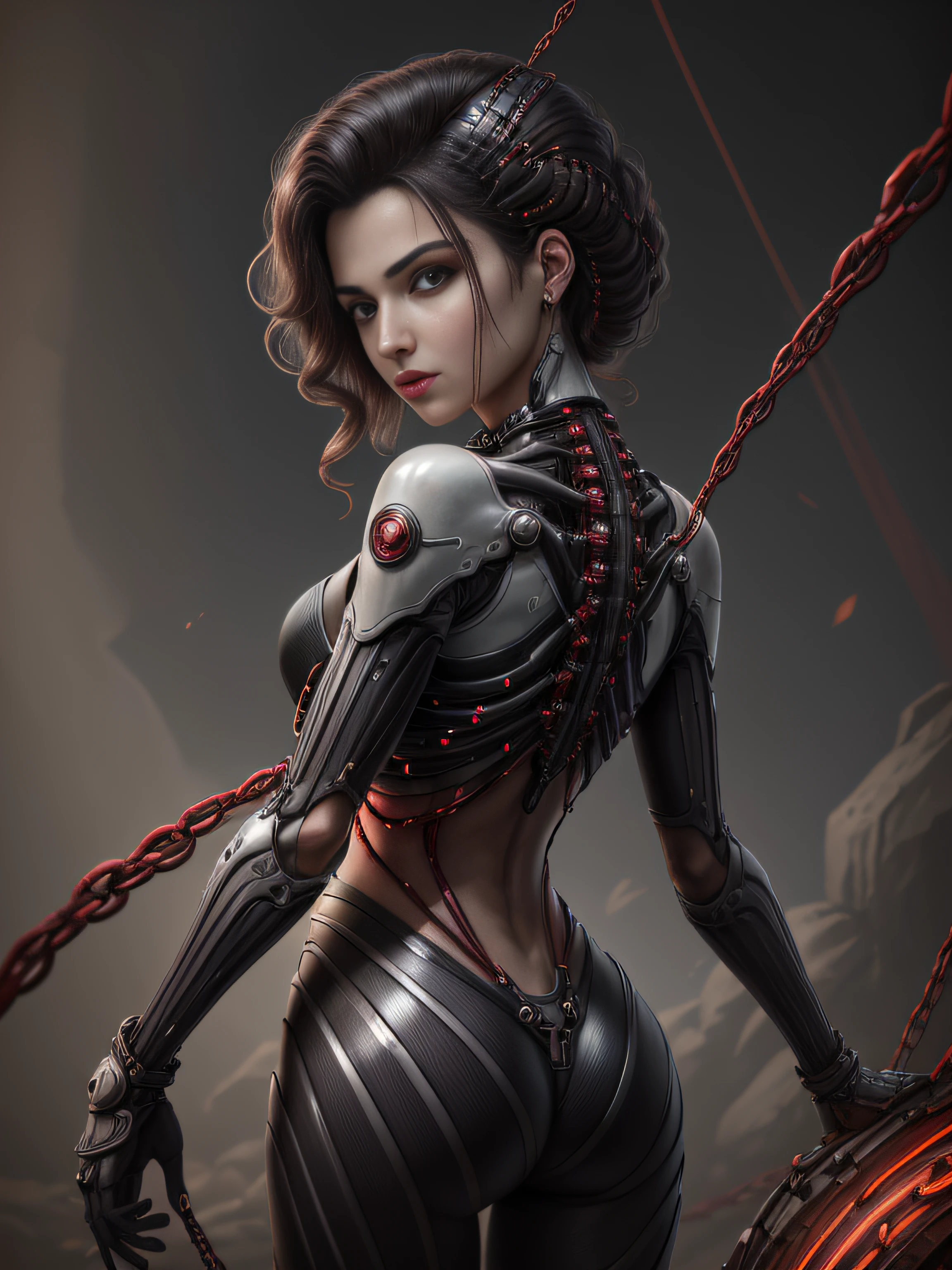1 mecânica, batle alita anjo |, ((detalhes super realistas)), retrato, global illumination, Sombras, octane rendering, 8k, super sharp, Metal, complexa, ornamental detalhada, cores frias, Egyptian details, detalhes altamente complexos, luz realista, CGsociety trends, olhos brilhantes, facing camera, Neon details, mechanical limbs, blood vessels attached to tubes, mechanical vertebrae attached to the back, mechanical cervical vertebrae attached to the neck, corpo inteiro, purple wires and cables attached to the head, (meias de calcanhar), (sangue vermelho), (armadura preta), (osso transparente), postura sexy provocante, biquini branco, vermelho