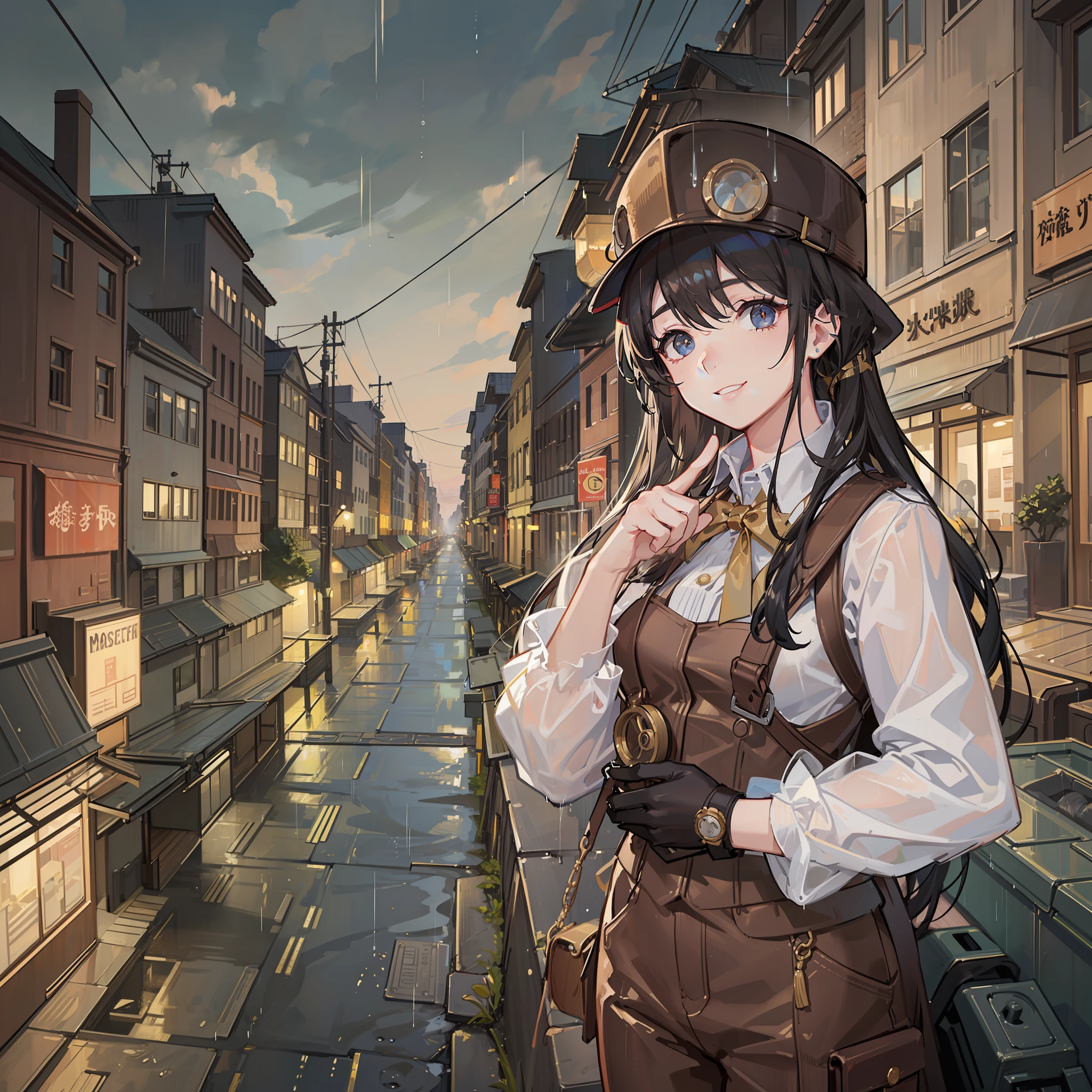 ((master masterpiece)),((The Highest Quality)),((High precision)),((Realstic))、1女性、Brown clothes、working clothes、Sorrisos、spanner、 Industrial metropolis、Construction Street、bridges、rainy days、steam punk、European architecture