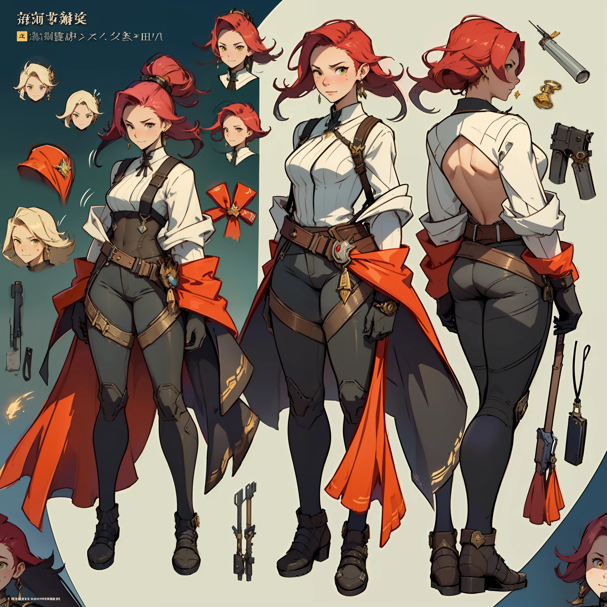Take a close-up of a man in a gun costume,((Character Concept Art)),Tall figure,((character design sheet、Same role、front side、Lateral face、back facing)),Character art for Maple Story,Video game character design,Video game character design,Maple Story Gun Girl,Girl with cute cartoon bunny hairpin on her head,Yellow glowing decoration on girls' robes、,Expert high detail concept art,metal slug concept art,Interesting character design,Lucio as a woman,gravity rush inspired,Viscous tar。concept art by theCHAMBA,The belt buckle is at the waist,Steampunk weapons,Warframe style clothes,