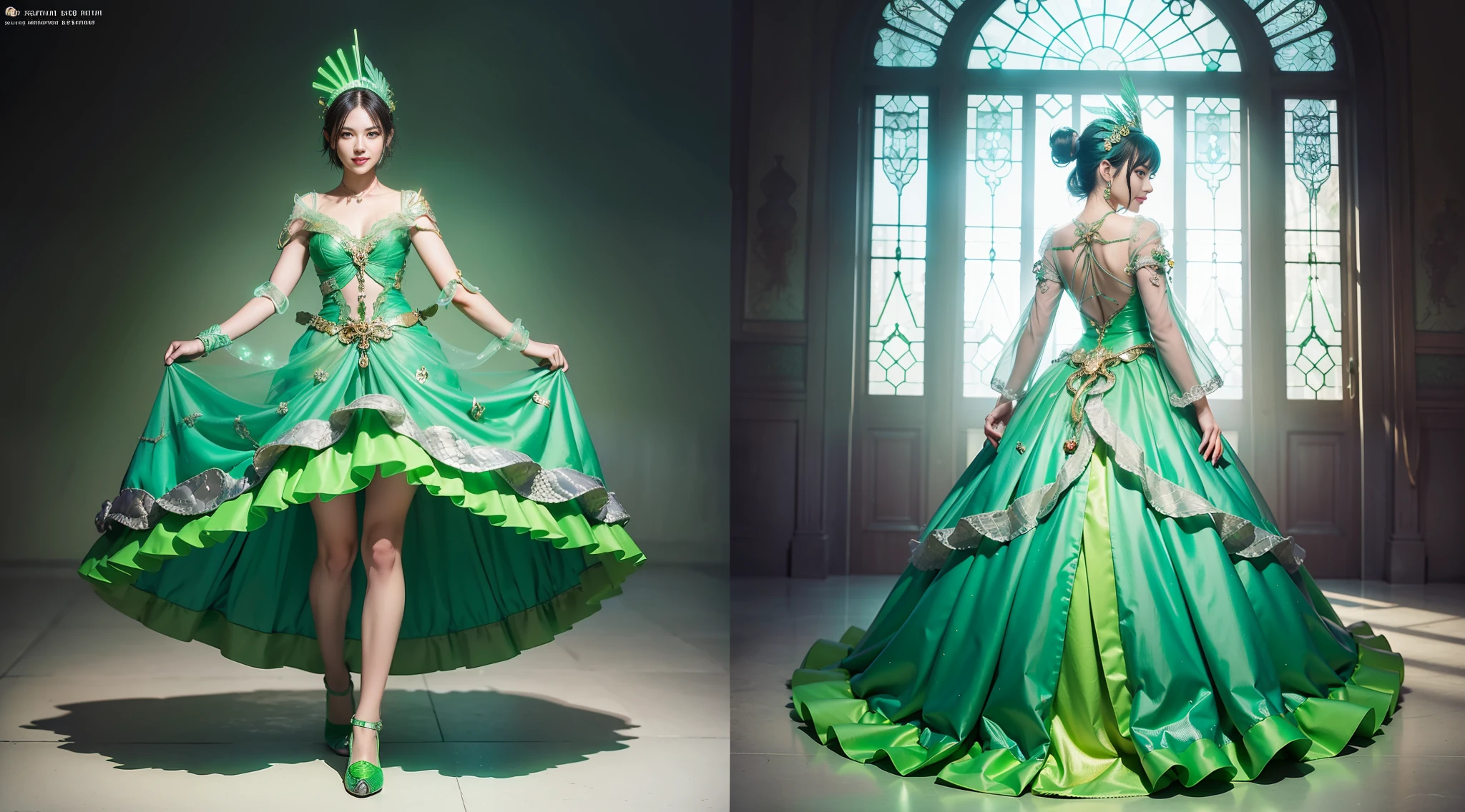 (three views from front, back and side:1.2), surrealism, steampunk, intricate design, extremely detailed, exquisite detail, HDR (high dynamic range), ray tracing, perfect proportions, best quality, masterpiece, ultra high resolution, (realism: 1.4), absurd, cinema lights, (anatomically correct), [green: white: 0.5] theme, (gradient background: 1.2), (panorama: 1.2), (Full body: 1.2), (mechanical girl), ((glowing health)), short green hair, green eyes, smile, delicate headdress, (dress with snakeskin pattern), ((green shoes)), extremely detailed face,