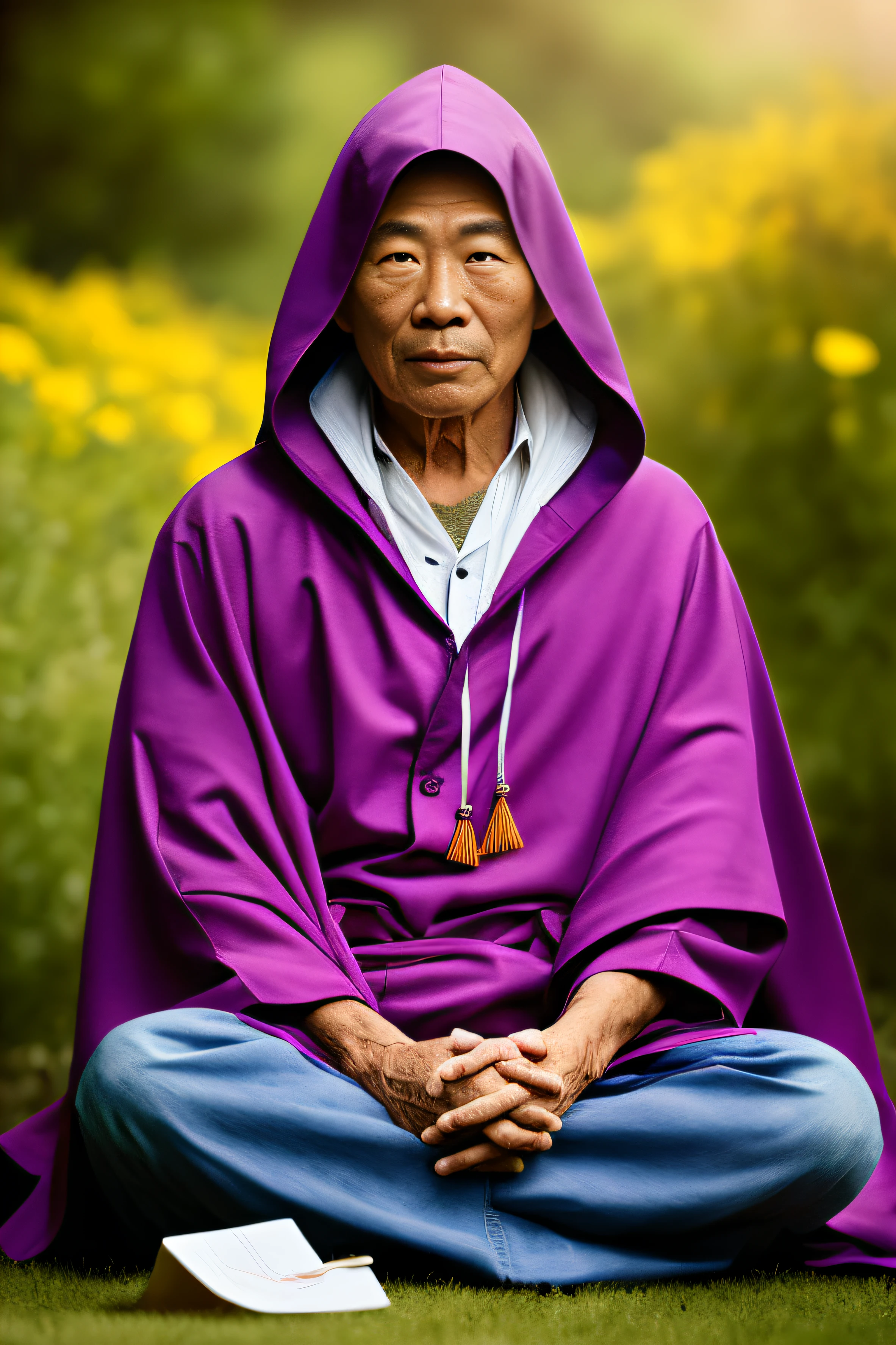 Muscular old Asian monk sits cross-legged in an patch of flowers with his eyes opens looking straight in deep meditation, wearing a hood and cape, his stoic expression remains unbroken, (extremely detailed CG), ((Realistic Shadows:1.2)), ((Realistic Lighting:1.1)), [Highest quality], (8K:1.1), ultra-detailed, ((perfect shadows)), best illumination, best shading, (masterpiece), (best quality:1.0), (ultra highres:1.0), well drawn body, (subject in focal point)