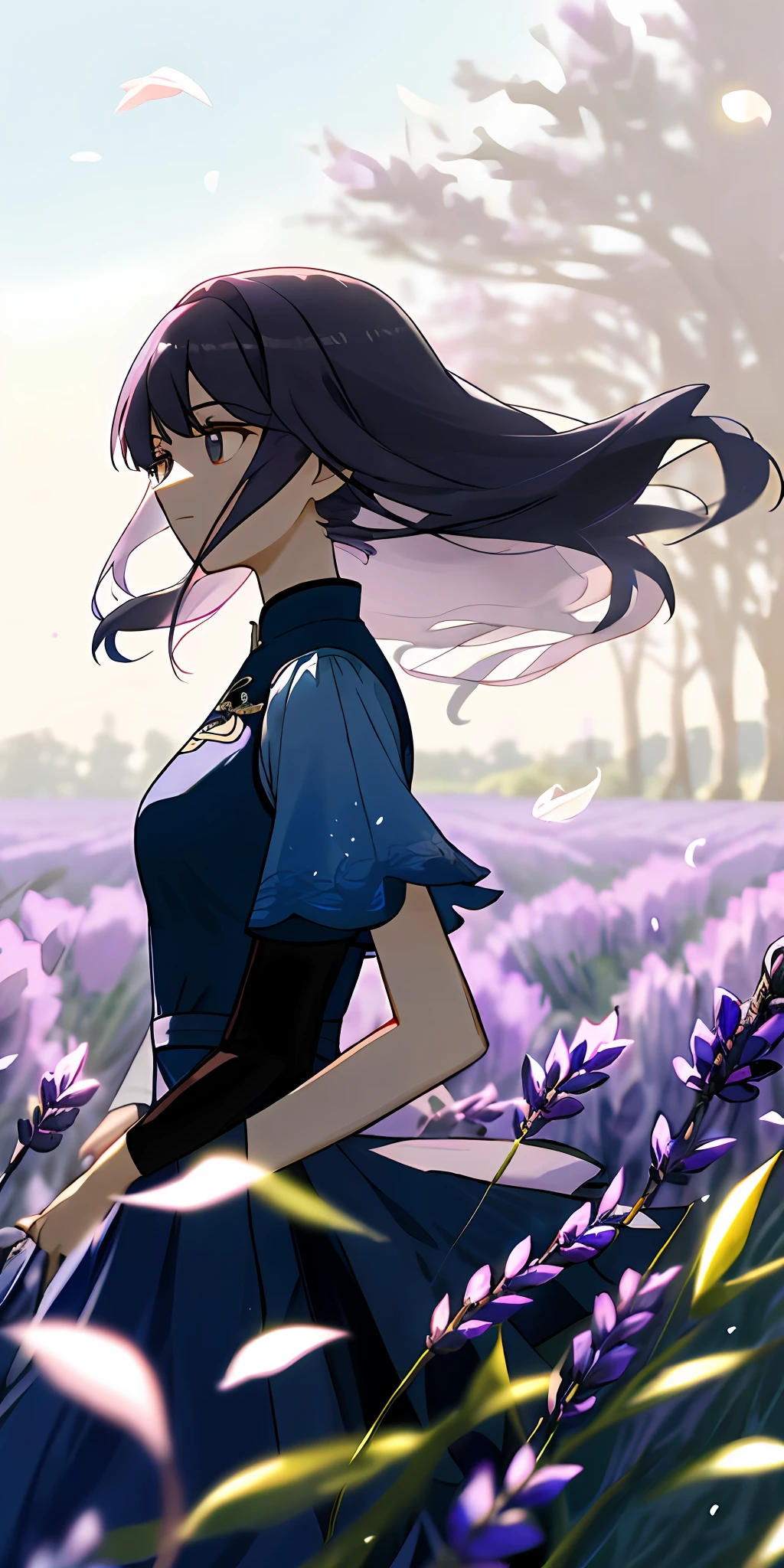 1个长长的黑发女孩坐在薰衣草園里，Lavender flutters in the wind，Warm lighting，vestidos de branco，Blurred foreground